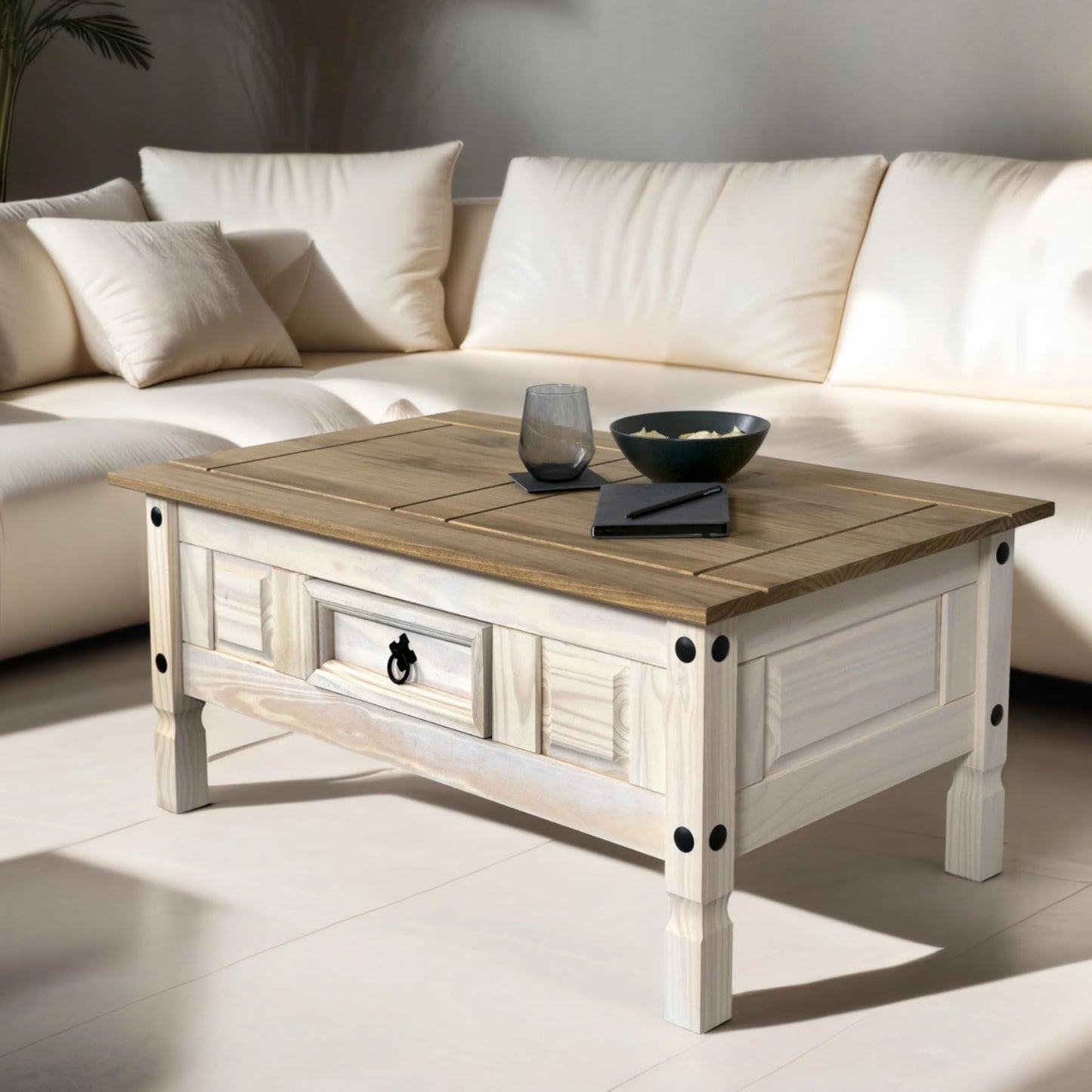 SAM Cancun Coffee Table Solid Pine Wood Side Table with Drawer White Varnished Honey Top Plate Black Metal Handle Mexico Furniture