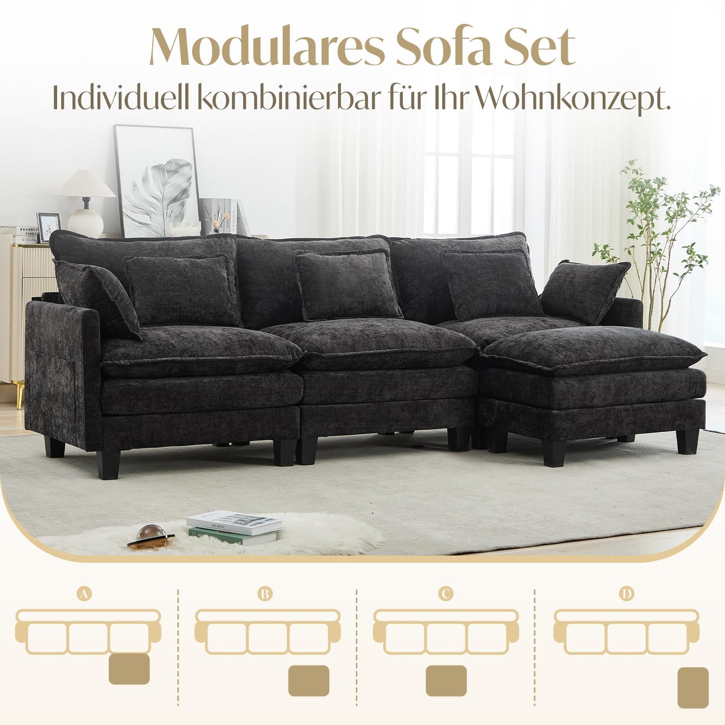 Modular Sofa with Sleep Function, Chenille Corner Sofa, Small with Thick Padding, Sofa L Shape Set with Couch Cushion, Comfortable Armchair, Living Room Couch with Stool, Chaise Lounge (Dark Grey, 287