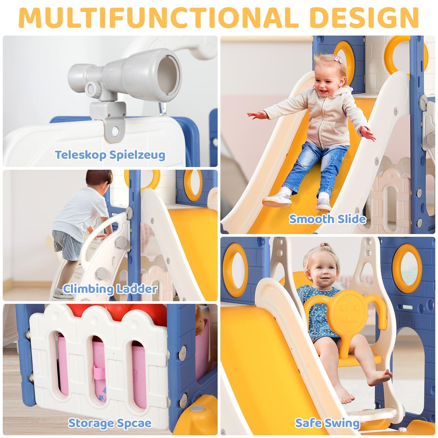 Swing Slide, 5-in-1 Children's Slide with Swing, Climbing Frame, Telescope, Storage, Indoor and Outdoor Freestanding Slide, Playground for Toddlers, for Max 60 kg from 1-6 Years, 2 Pieces Modules