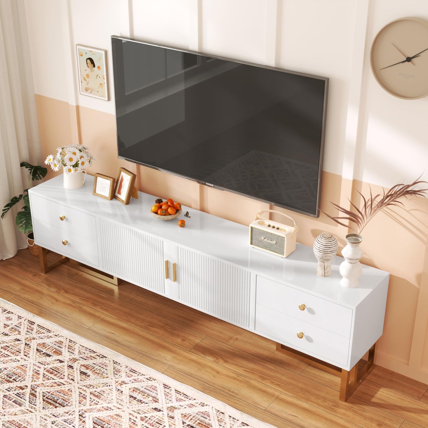 TV Cabinet with 3 Drawers, TV Table with Golden Handles and Legs, Modern TV Stand for TVs up to 75 Inches, Rounded Corners, TV Cabinet for Living Room, 174 x 35 x 41 cm, White