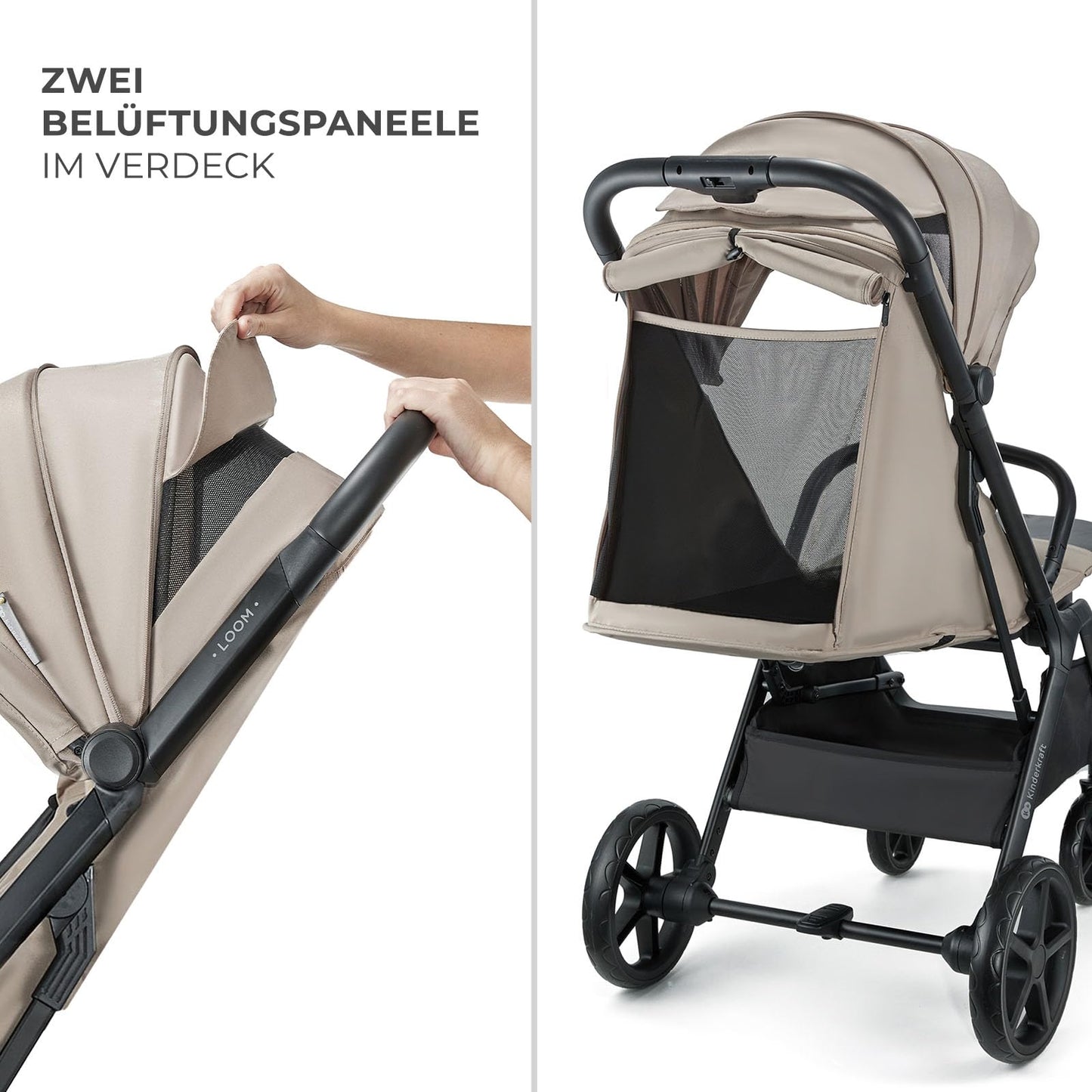 Kinderkraft Loom Buggy up to 27 kg, Pushchair, Enlarged Hood, Padded Wheels, Lying Position, Light Weight - 9 kg Spacious Basket, Compact Dimensions, Beige