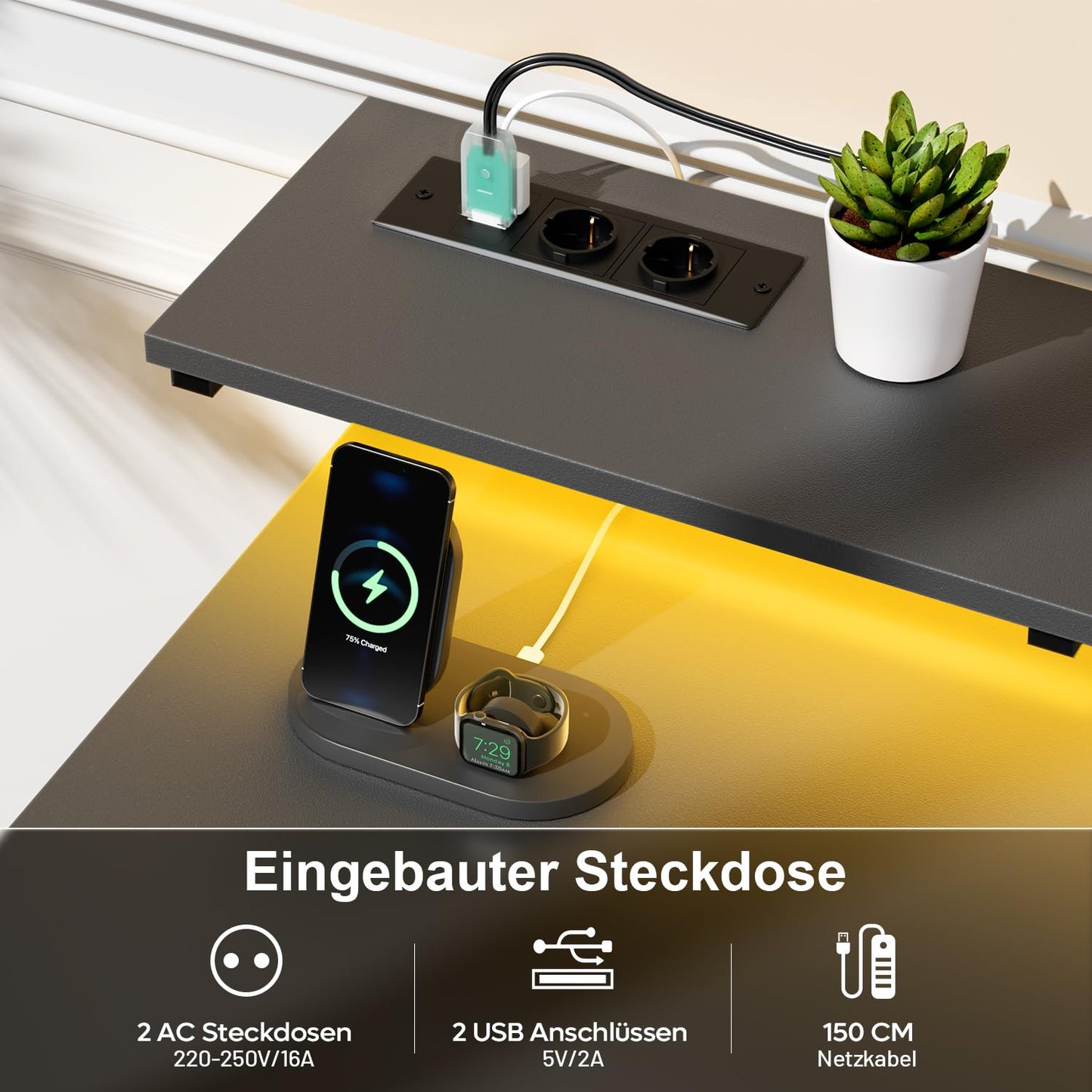 Schreibtisch mit 8 Schubladen, Computertisch mit 2 Steckdosen und 2 USB Ladeanschluss, Bürotisch mit LED und Monitorständer, PC Tisch für Büro, Wohnzimmer, 120 x 50 x 74 cm, Weiß