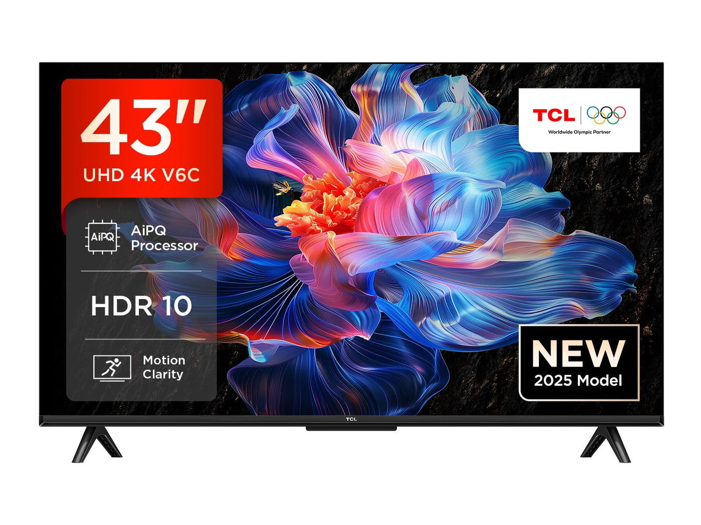 TCL 43V6C 43 Inch 4K UHD Smart TV - HDR10+, HVA Panel, Dolby Vision, Google TV, HDMI 2.1, DVB-T2/C/S2, Bluetooth 5.2, Voice Control with Alexa & Google Assistant