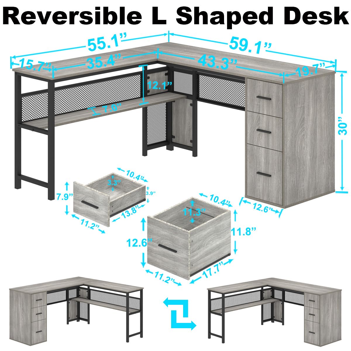 LVB White L Shaped Corner Desk with Drawers, Reversible Modern L Shaped Computer Desk with Storage Cabinets, Large L Shaped Wooden L Shaped Desk Metal L Shape