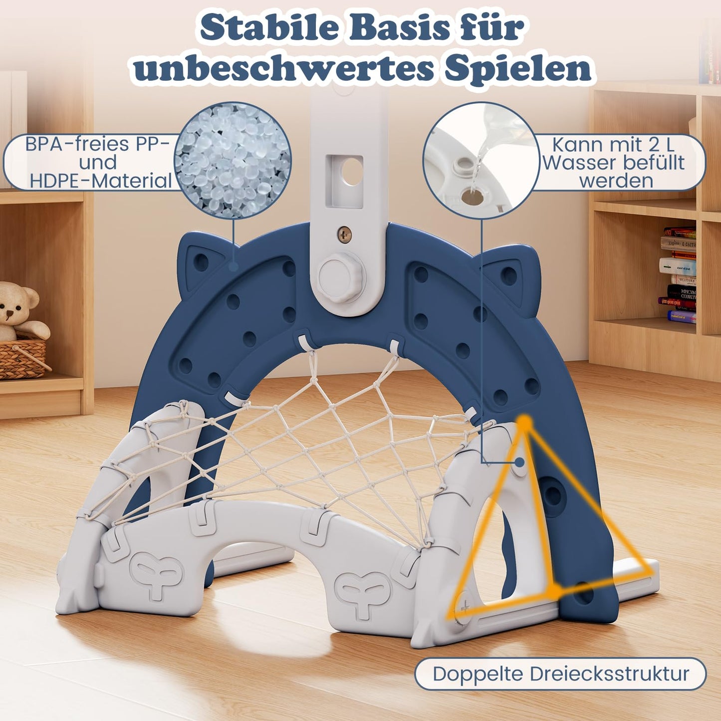 COSTWAY 3-in-1 Children's Basketball Hoop, Basketball Stand with Basketball & Football & Golf Game, Indoor Outdoor Basketball Game with Adjustable Height & Foldable Basket, for Children from 3 Years