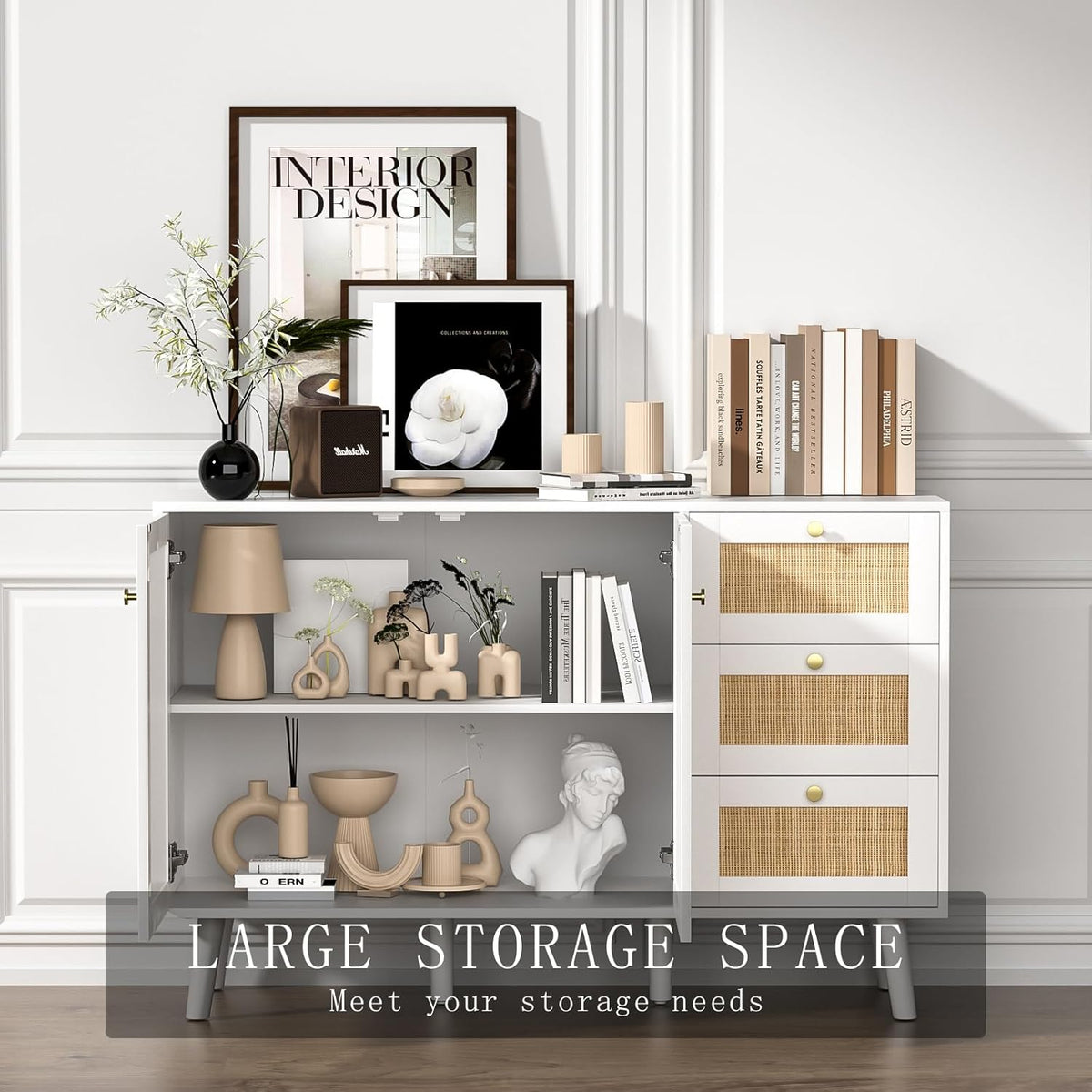 Sideboard 120 cm Rattan Kitchen Cabinet with Adjustable Shelf, Buffet Cabinet with 3 Drawers and 3 Doors, Storage Cabinet for Living Room, Kitchen, Dining Room, Hallway, White, 120 x 40 x 82
