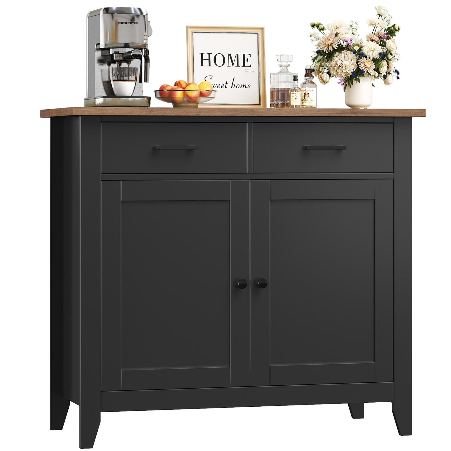 HOCSOK Kitchen Cabinet with Worktop, Sideboard with 2 Drawers and 2 Doors, Buffet Cabinet for Kitchen, Living Room, Dining Room, Hallway, Wood, Country House Style