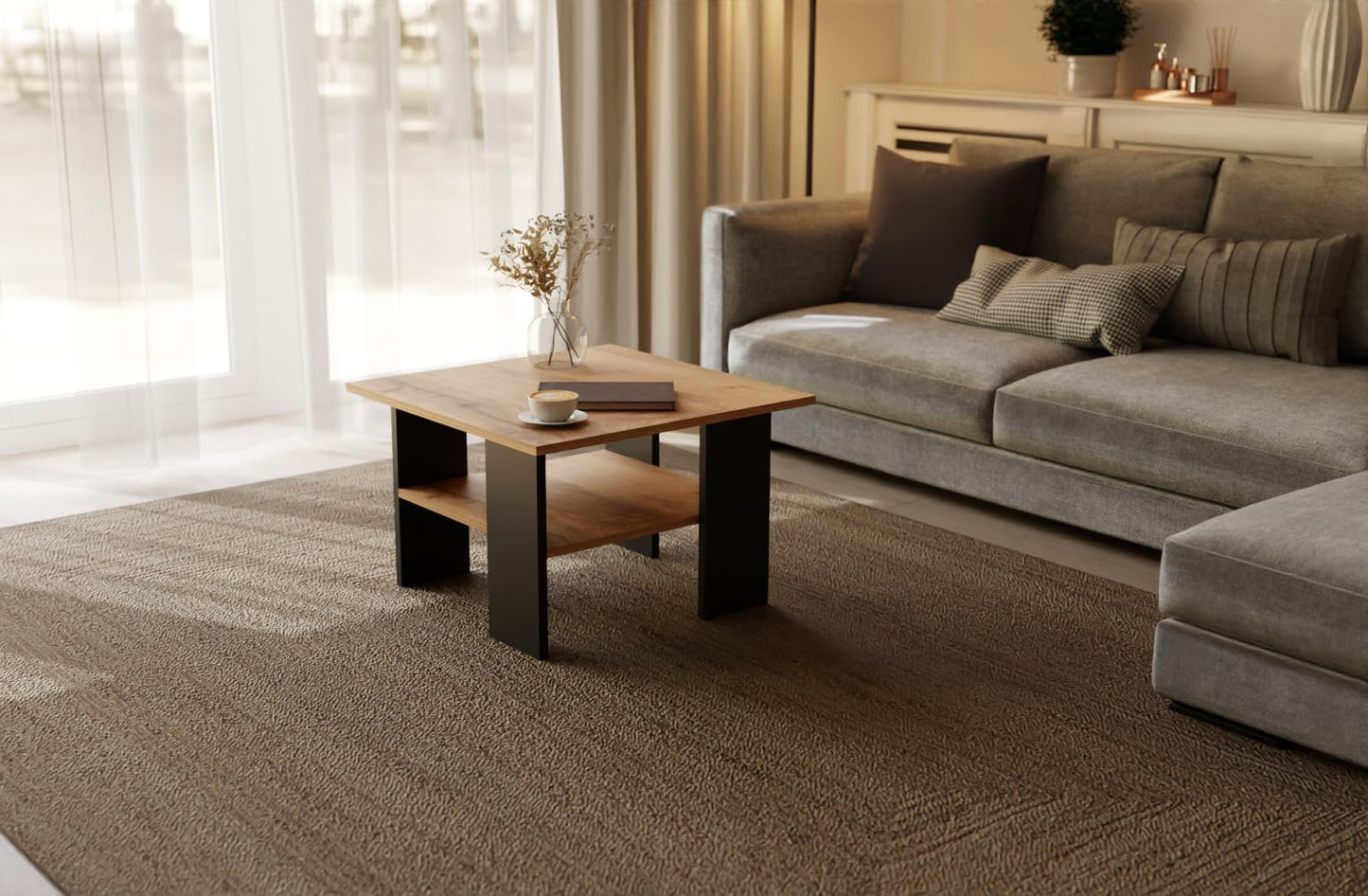 Artisan Coffee Table, Retro Loft Bench, Open Double Shelf, Skate Legs, Ideal for Coffee Get-Togethers, Laminated Top, Large Surface, Guaranteed Stability, White 3