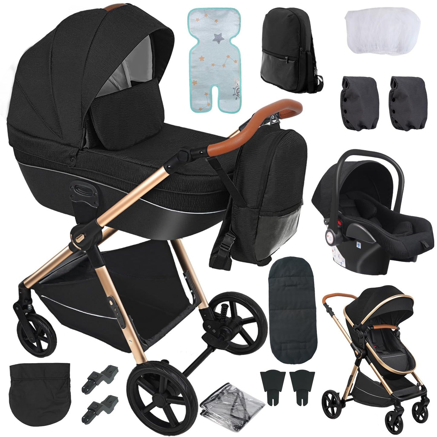 Doraystar 360° Rotation PU Leather Pushchair 3-in-1 Combination Pushchair 3-in-1 with Two Reversible Sliding Modes, Pushchair Complete Set with One-Click Folding Design, Aluminium Alloy Frame (906