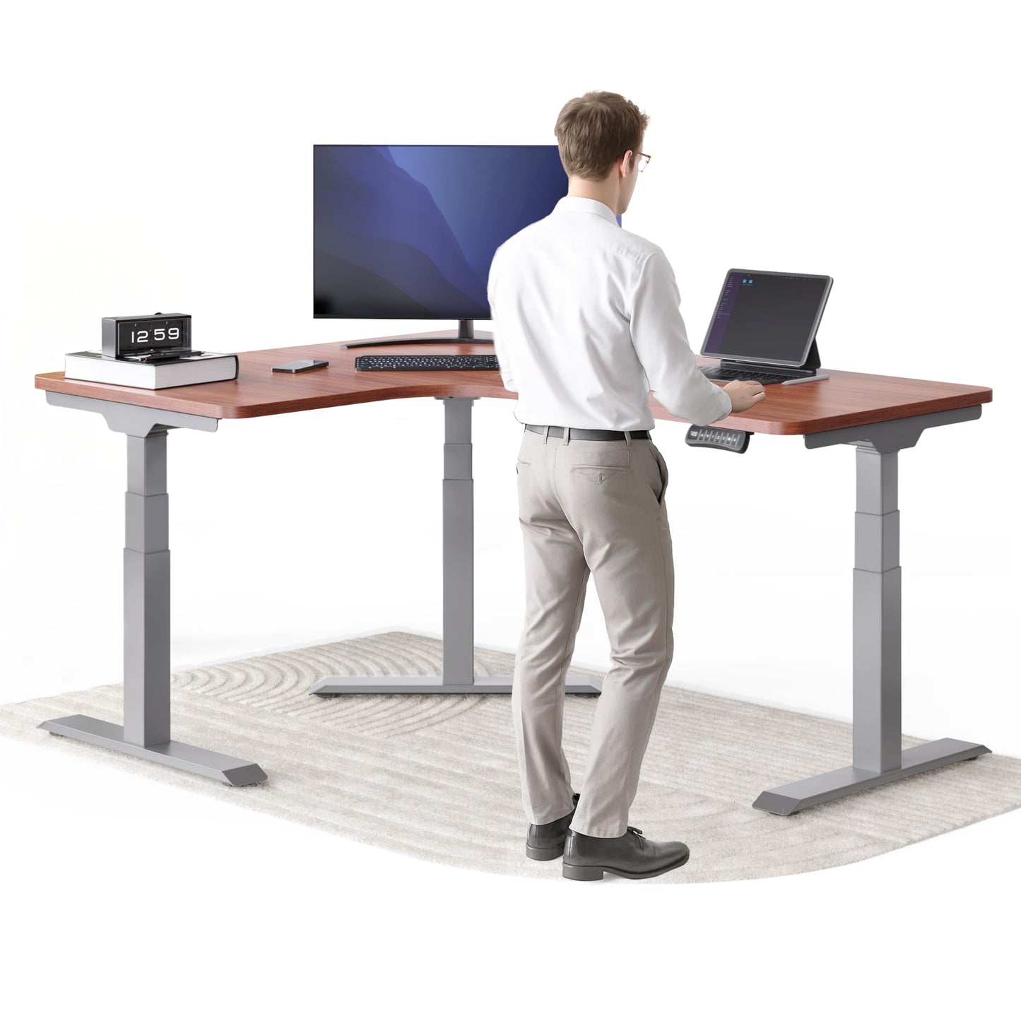Corner Electric Height-Adjustable Corner Desk, Corner Desk with Memory Function and Anti-Collision Black Frame, Mahogany Table Top, 160 x 130 x 70 cm
