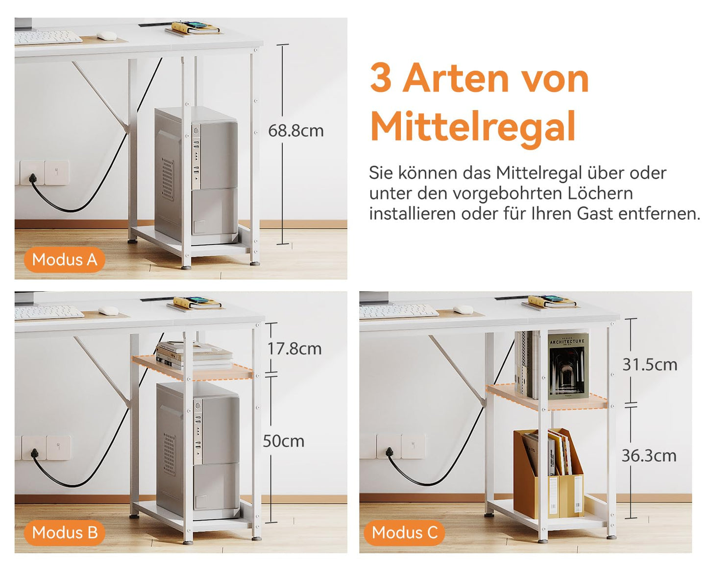 Coleshome Fabric Desk with 3 Drawers, 130 x 48 cm Computer Desk with 2 Sockets and 2 USB Charging Ports, PC Table with Shelf, Reversible Office Table for Office, Living Room, White