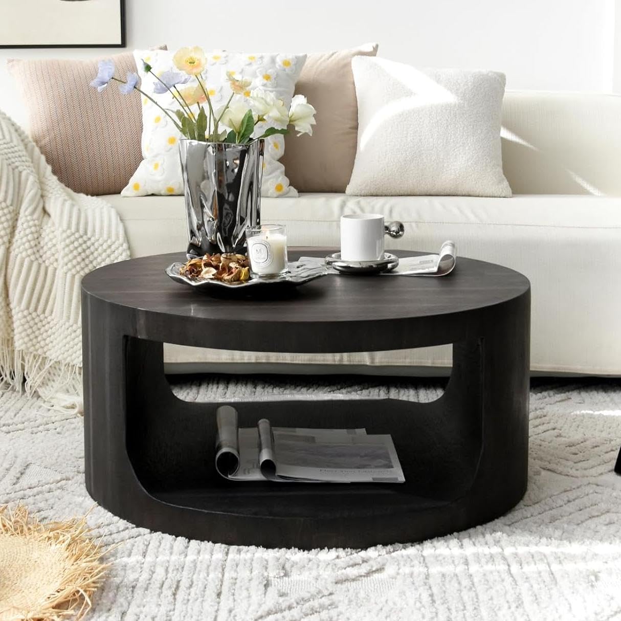 Round Wooden Coffee Table, Living Room Table with Large Storage Space, Coffee Table No Assembly Required, Modern Sofa Table for Living Room, Bedroom, Diameter 80 x 36 cm, Coffee Table (Black)