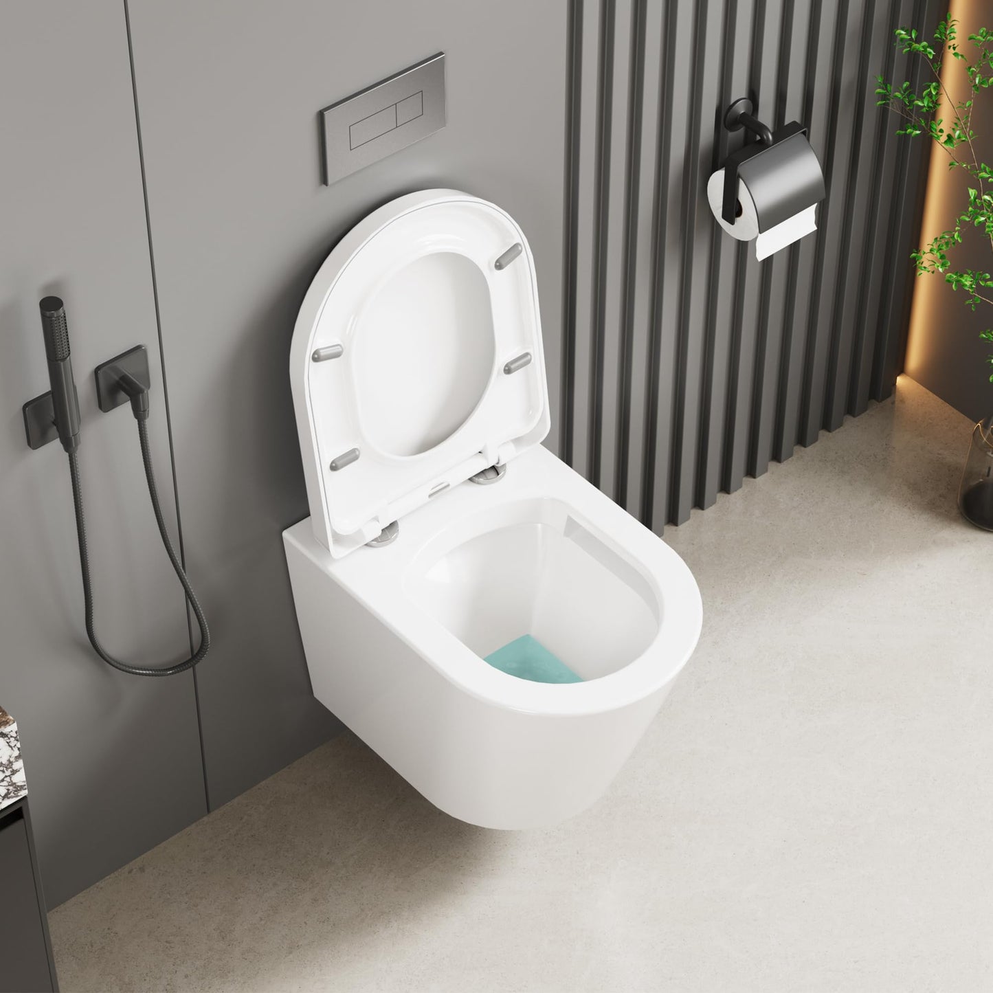 Hängend WC Spülrandlos Toilette, Wand-WC Set aus Keramik mit Toilettendeckel Abnehmbaren Absenkautomatik Effizienter Spültechnik Hängetoilette, D-Form,Lang 51cm, Weiß