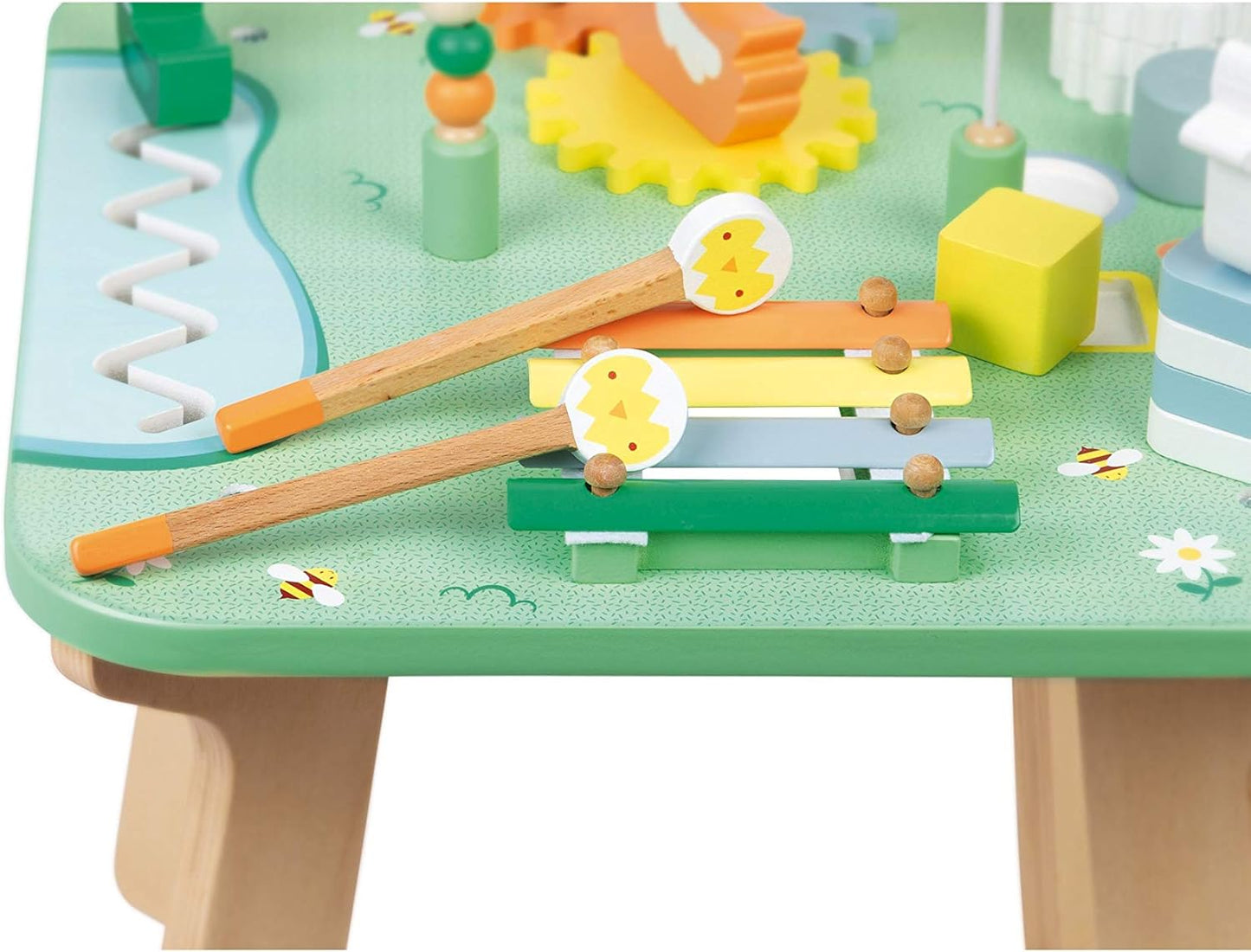 Janod - Jolie Prairie Activity Table - Wooden Play Table with 7 Activities - Multi-Activity Wooden Table with Animal Motifs - Motor Skills Development and Early Musical Education - From 12 Months,