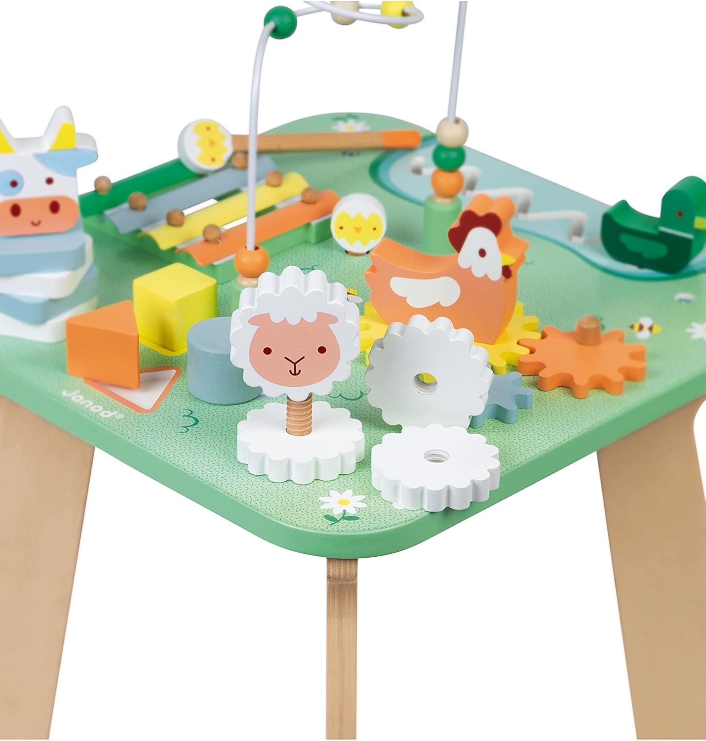 Janod - Jolie Prairie Activity Table - Wooden Play Table with 7 Activities - Multi-Activity Wooden Table with Animal Motifs - Motor Skills Development and Early Musical Education - From 12 Months,