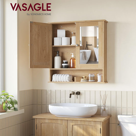 Songmics Bathroom Cabinet, Wall Cupboard, Mirror with Shelf, Wooden Makeup Cabinet, 56 x 58 x 13 cm (W x H x D) White LHC002