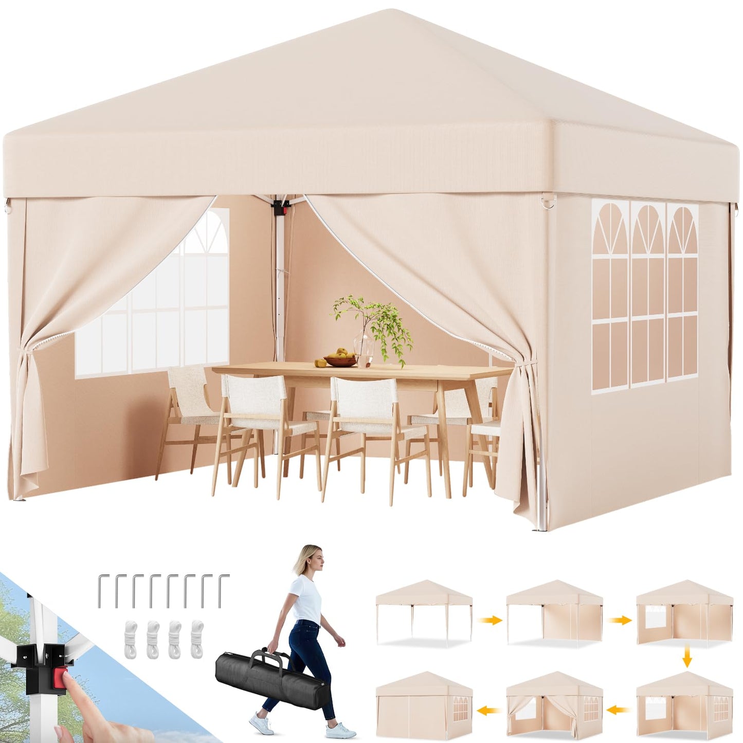 Devoko Gazebo, 3 x 6 cm, Waterproof, Stable, Winterproof, 3-Way Height Adjustment, Folding Gazebo, UV Protection 50+, Folding Gazebo with Carry Bag, for Garden, Outdoor, Camping, Beige