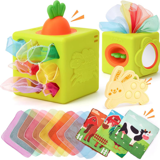 hahaland Baby Spielzeug 6 Monate - Silikon Tücher Box, Montessori Tücherbox Baby Sensorik Spielzeug, 6-in-1 Busy Würfel mit Tüchern, Spiegel, Beißring,Geschenk für Babyspielzeug ab 6 9 12 Monate