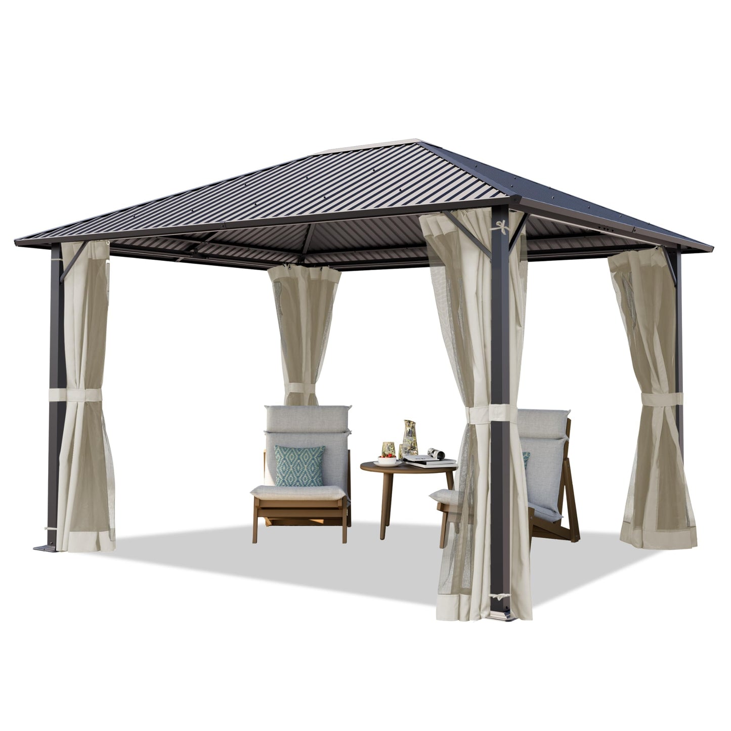 TOOLPORT Garden Gazebo 3 x 3 m with Steel Roof - Hardtop Gazebo with 4 Side Panels and Mosquito Nets in Cream