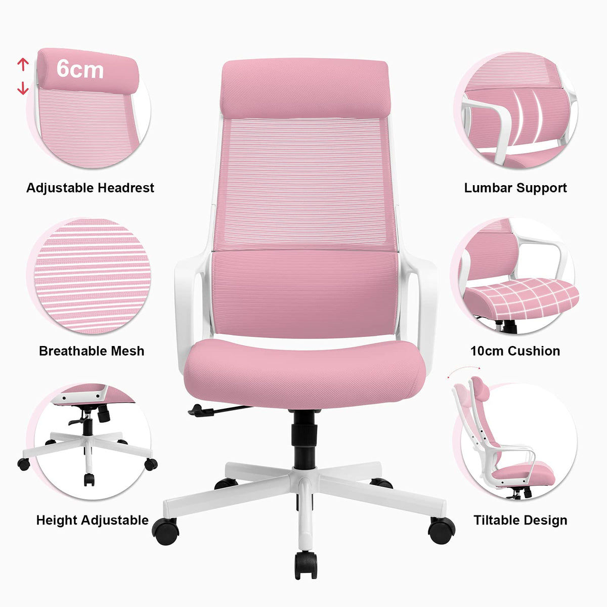 Ergonomic Office Chair with Height Adjustable Headrest, High Back, Lumbar Support, Silent Casters, Heavy Duty Chair for Conference Workspace Area, EN1335 Standard (Grey)