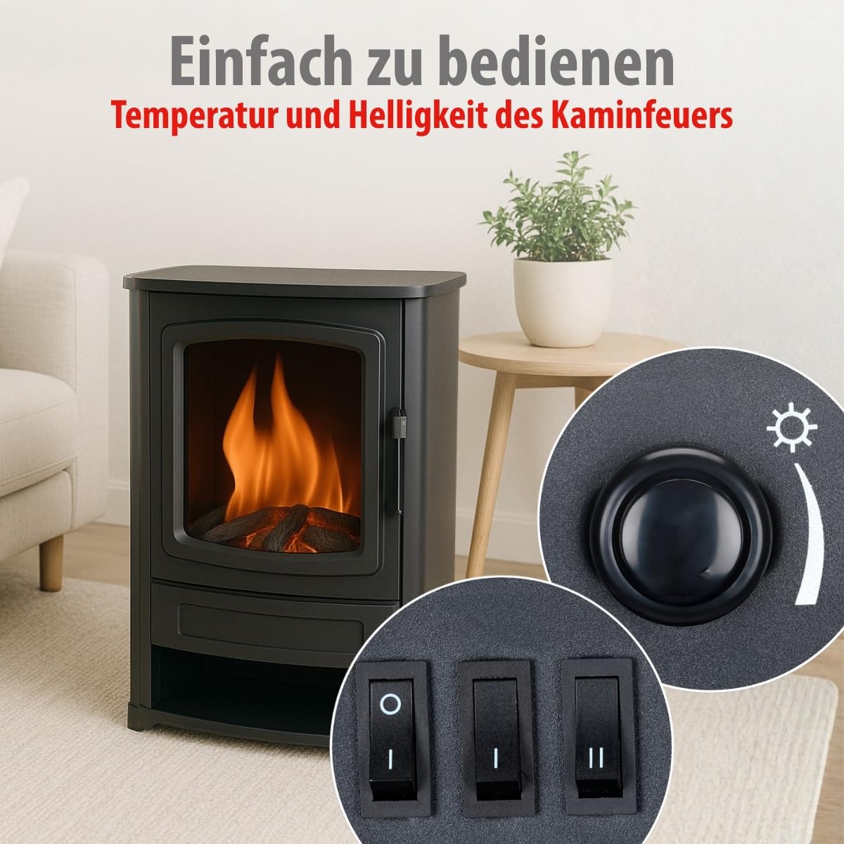 alpina Lucerne Electric Fireplace - Electric Fireplace with Heating 1800-2000W - Electric Fireplace with Thermostat Heating - LED Fireplace with Realistic Flame Effect - Compact Fireplace Freestanding