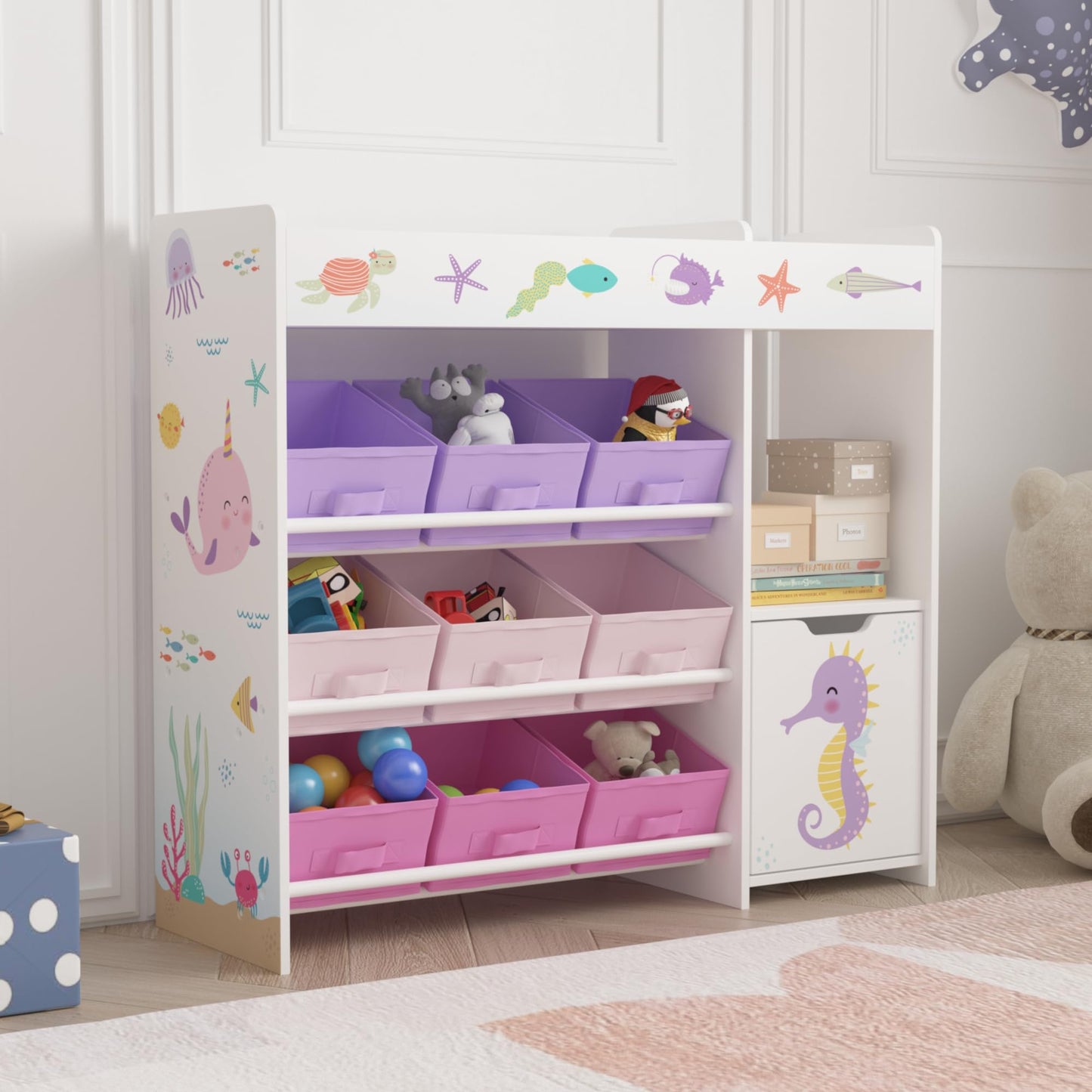 [en.casa] Kinderregal Søndreland Bücherregal für Kinder mit 9 Aufbewahrungsboxen Spielzeugregal mit Schrank 80 x 90 x 30 cm Spielzeug Aufbewahrung Ozean Motiv