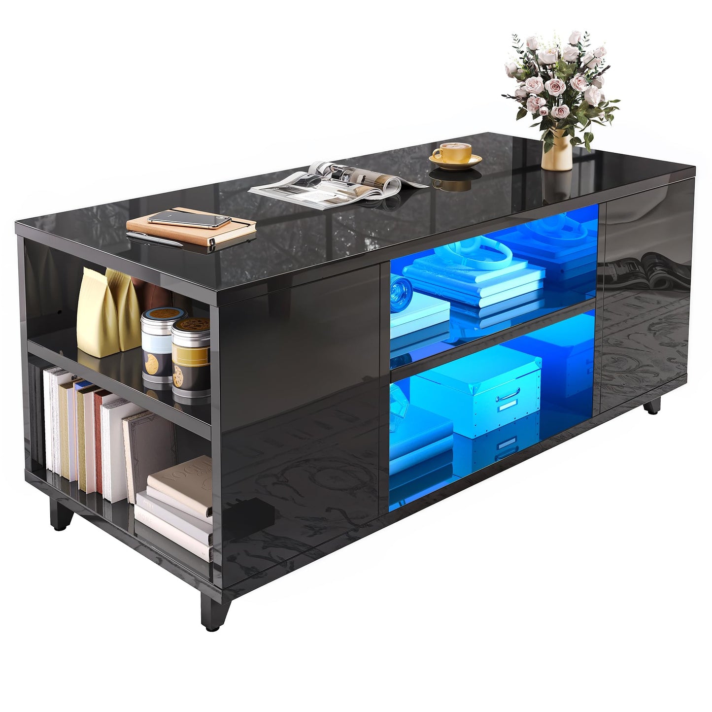 YITAHOME Coffee Table High Gloss Black Modern Living Room Table with 16-Colour LED Lighting Sofa Side Table with Adjustable Shelf 97.5 x 48 x 45 cm