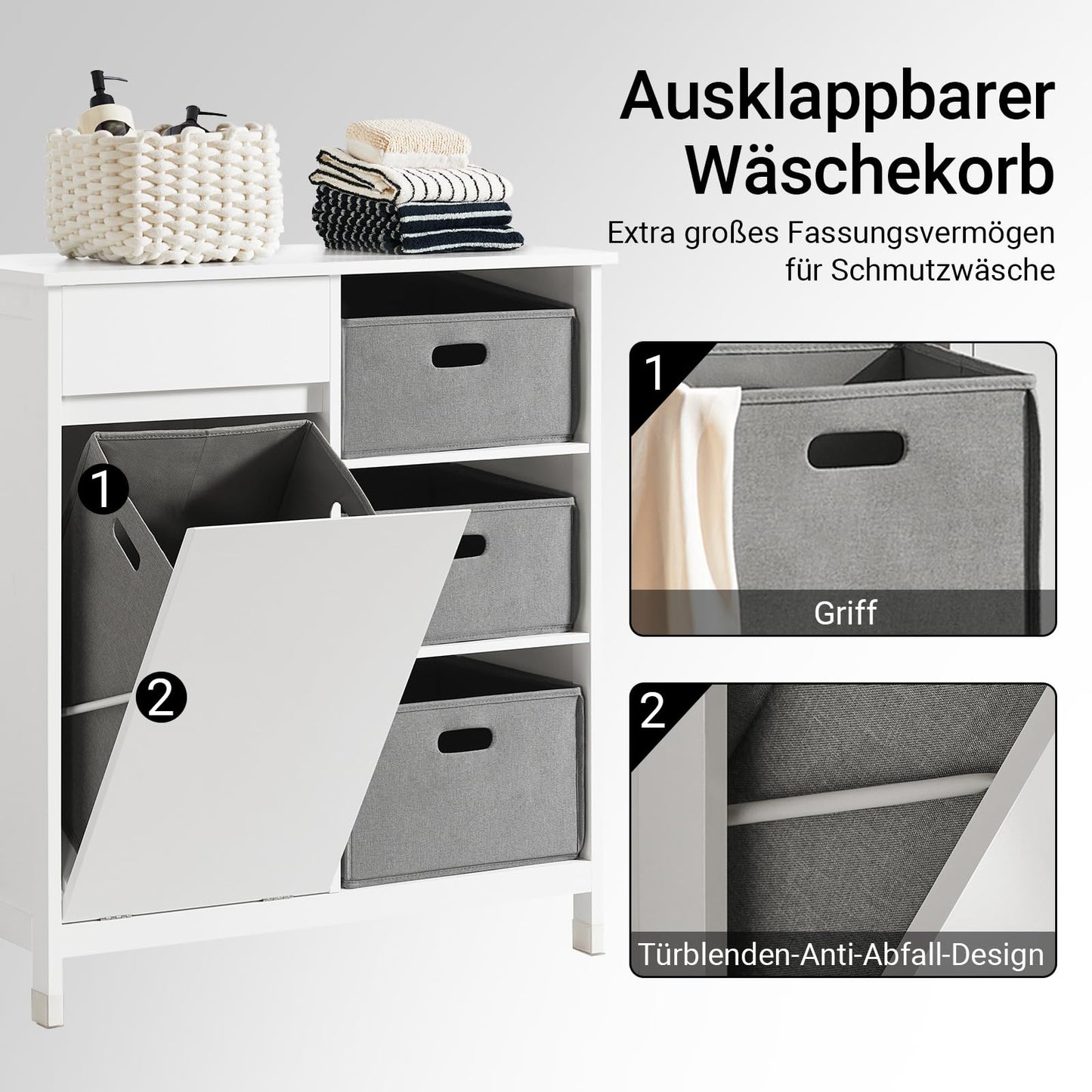 SoBuy BZR77-W Laundry Cabinet - Freestanding Bathroom Cabinet with Laundry Basket - Space-Saving Bathroom Cabinet with 3 Baskets and Drawer - Wooden Bathroom Furniture for Small Spaces, White, 80 x 91