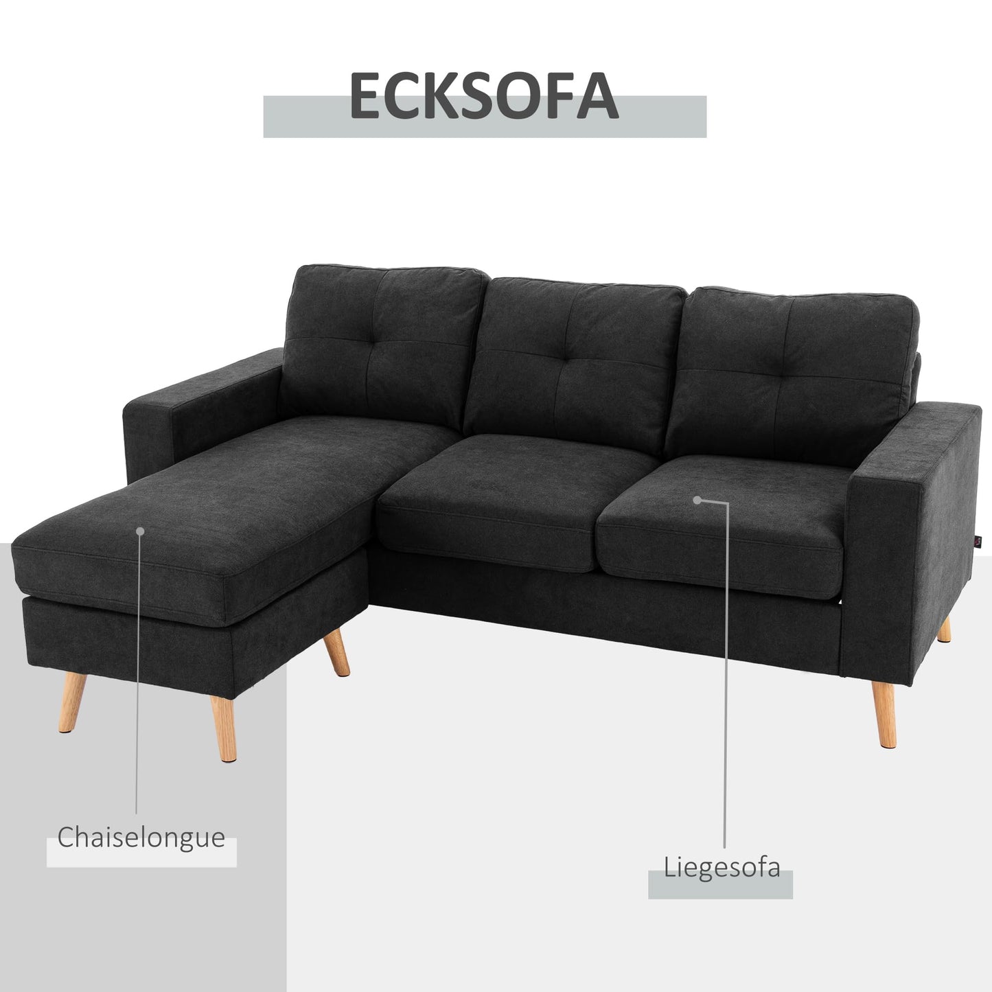HOMCOM Corner Sofa L-Shaped Sofa with 3 Cushions, Corner Couch with Button Binding, Linen Look, Couch Living Landscape for Living Room, Bedroom, 193 x 136 x 85 cm, Black