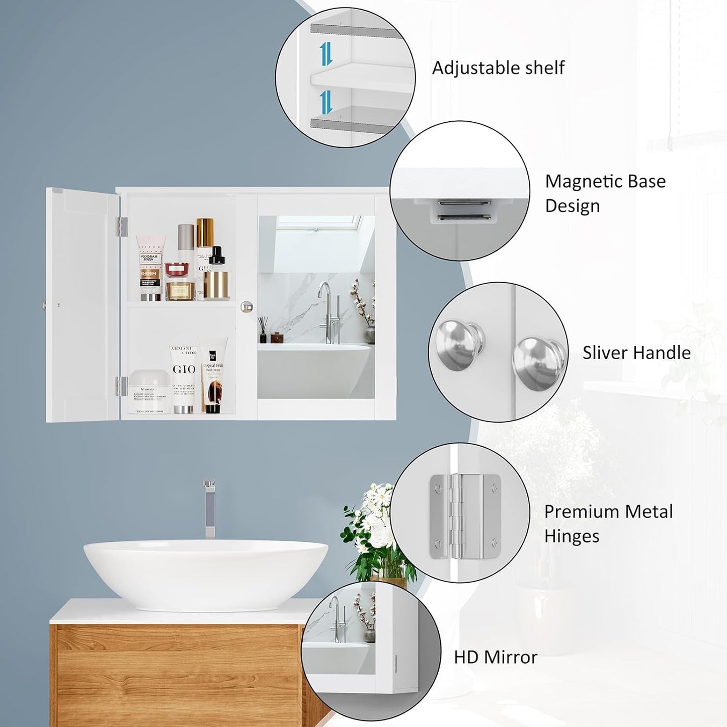 RRX Bathroom Storage Cabinet, Wall Cabinet with Mirror, Wall Cabinet for Bathroom, Adjustable Shelf, 2 Doors Over the Toilet, 16.5 x 60 x 49 cm (L x W x H)