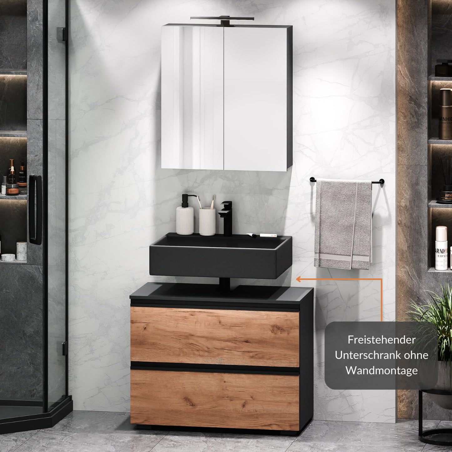 Planetmöbel EDA 80 cm Vanity Unit, Vanity Unit, Bathroom Cabinet for Guest Toilet and Bathroom, Anthracite/Gold Oak