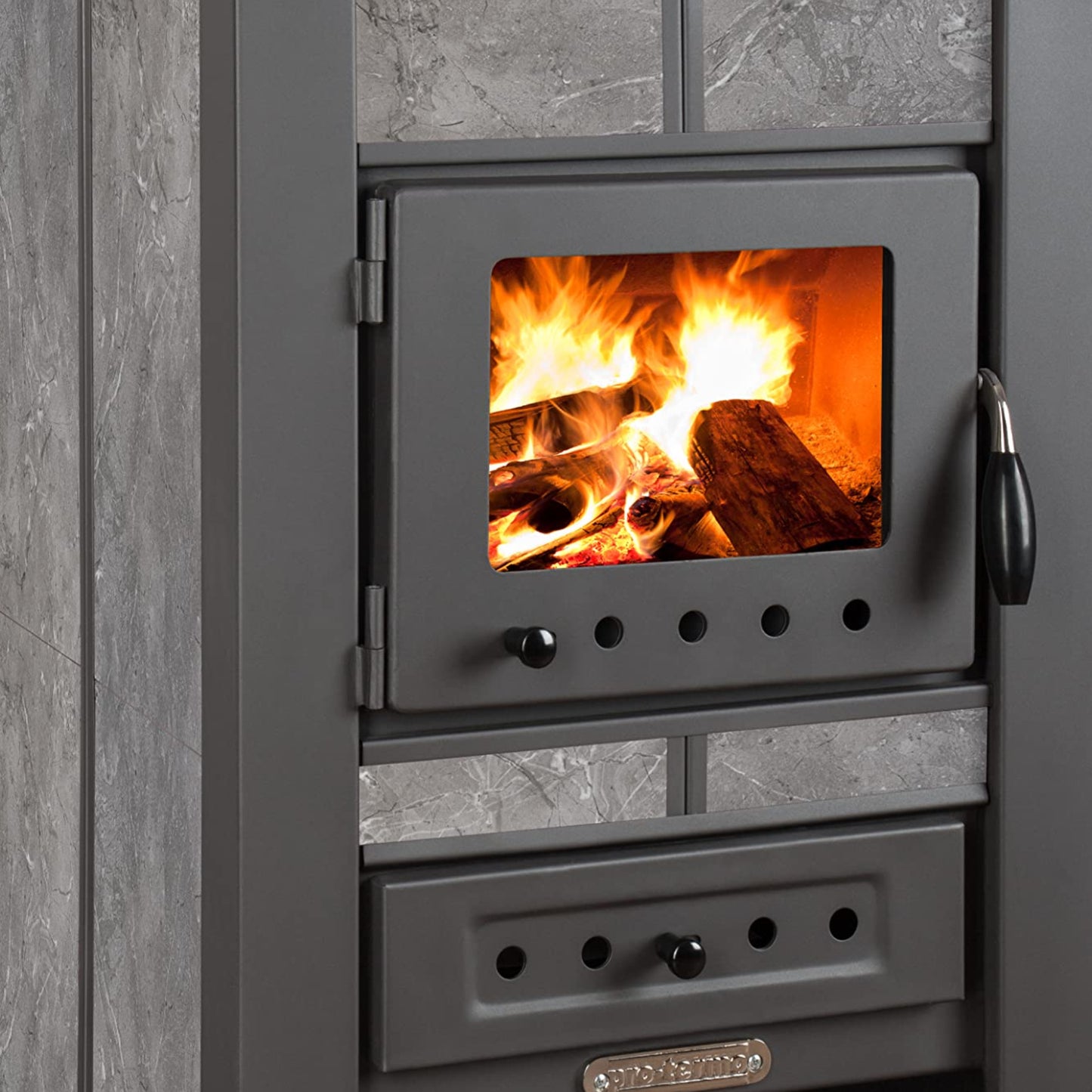 ProTermo Alpina Ceramic Mocha Fireplace with Fireclay Stone - 8 kW Heating Output - 50 x 48 x 82 cm Wood Stove with Viewing Window - Type 1