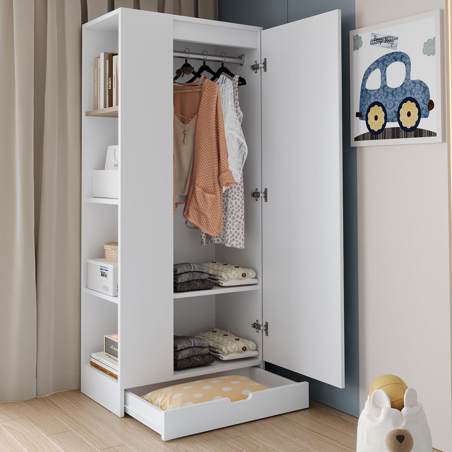 RIAZOS Wardrobe with Storage Cupboard, Double Door Design, with 1 Clothes Rail, 5 Compartments, for Bedroom, Living Room, Children's Room, 70 x 40 x 170 cm, White