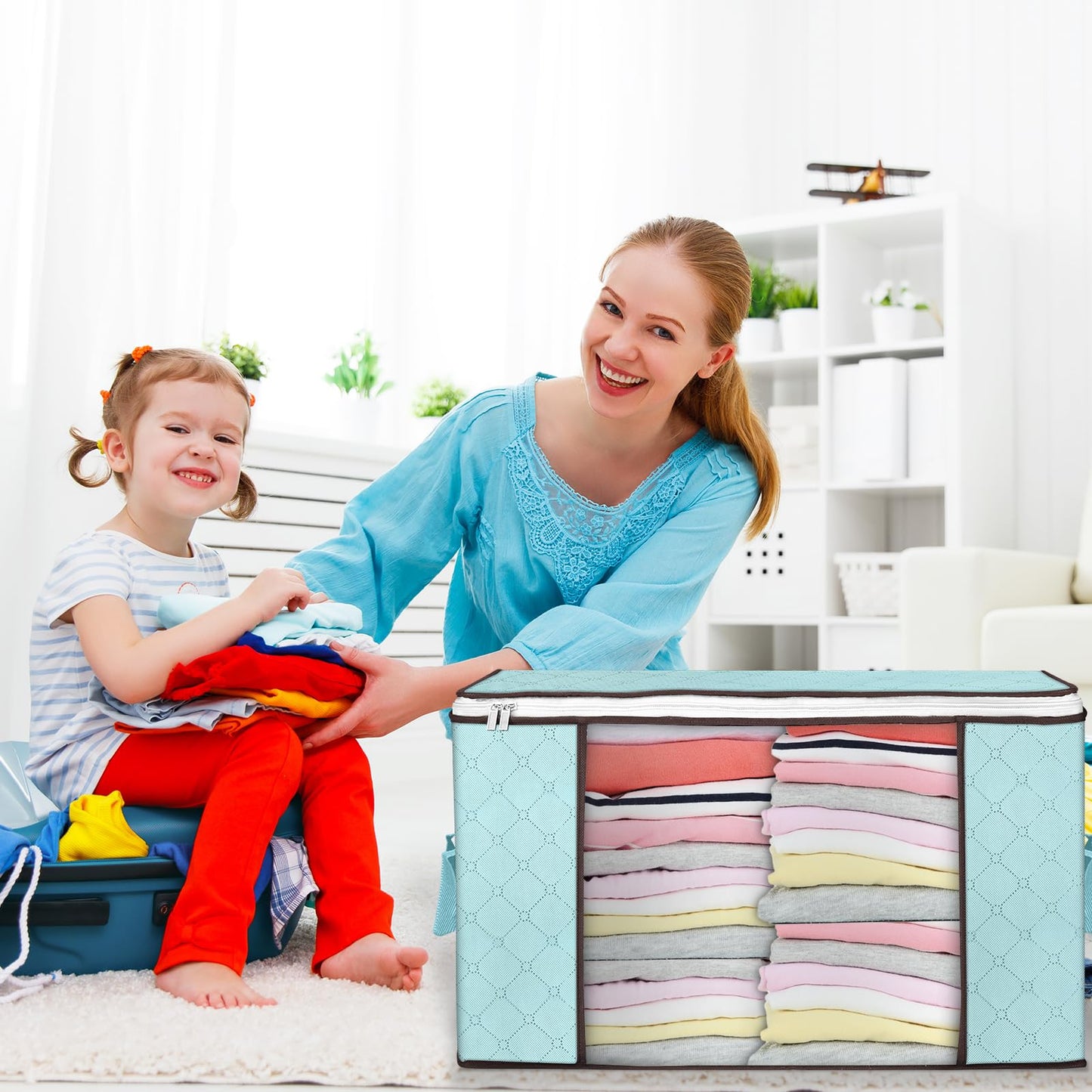 Budding Joy Pack of 6 90 L Storage Bags, Storage Boxes with Lid, Large, Clothes Storage, Moving Boxes, Foldable Underbed Wardrobe for Clothes, Duvets and Bedding, Grey