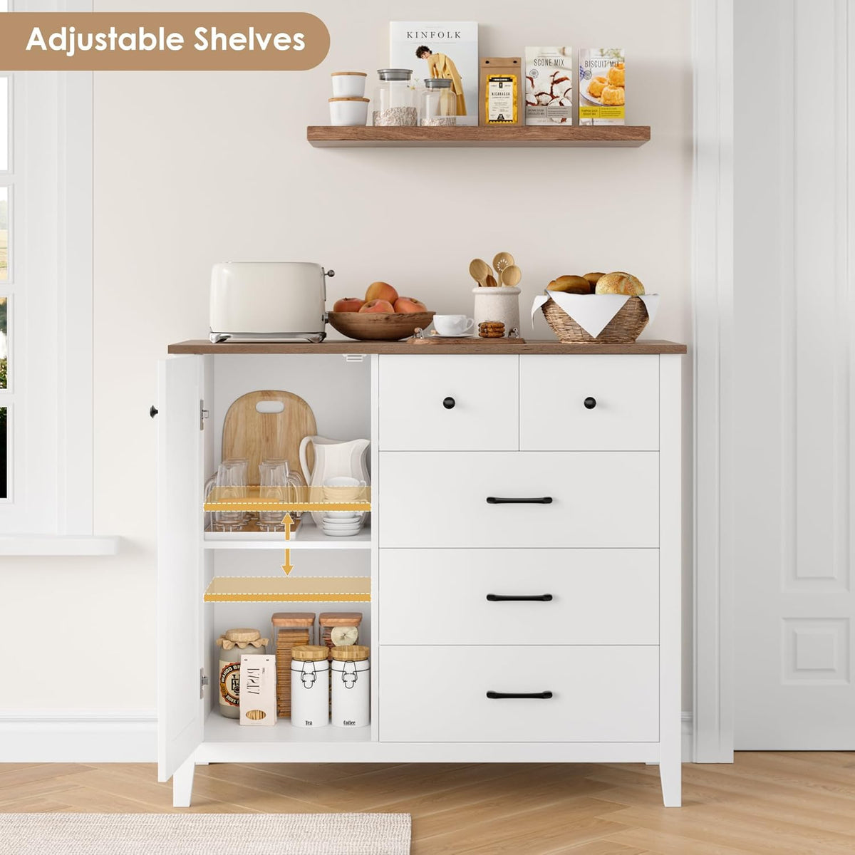 HOCSOK Sideboard, Küchenschrank mit 5 Schubladen und 1 Tür, Buffetschrank mit Arbeitsplatte für Küche, Esszimmer, Wohnzimmer, Flur, Holz, Weiß & Braun