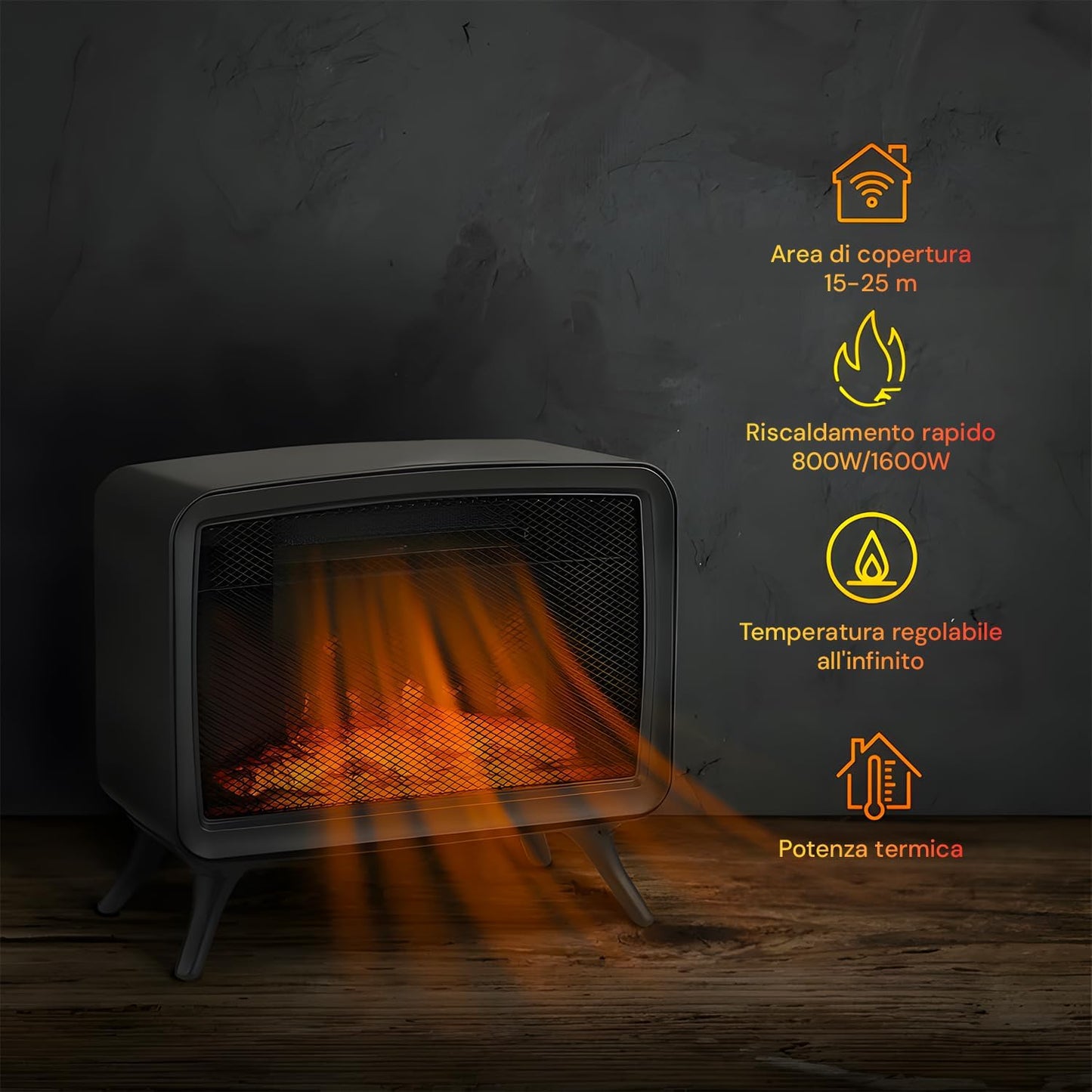 Wintem Electric Fireplace with Realistic Flame Effect, 34 x 18 x 30 cm, Power and Adjustable Thermostat 800/1600 W, Ideal for a Cosy Atmosphere with Overheating Protection