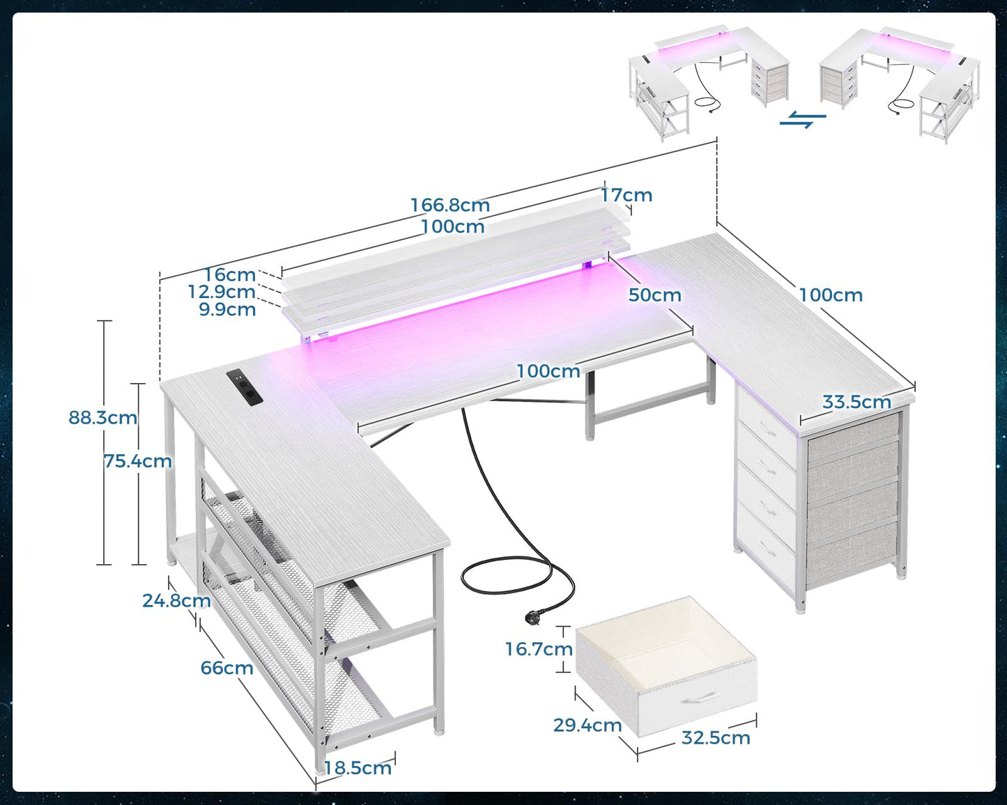 ODK Corner Desk with 4 Drawers and Storage Space, 167 x 102 cm Reversible Corner Desk with 2 Sockets and 2 USB Charging Ports, Gaming Desk with LED and Monitor Stand for Home Office, Black