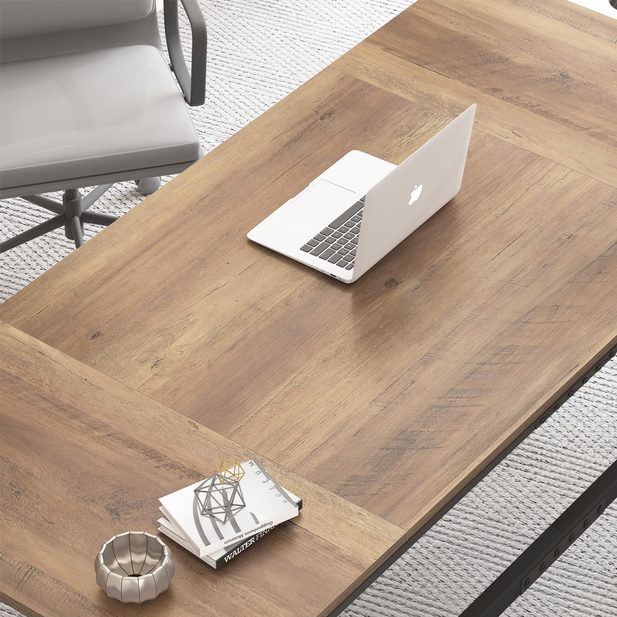 IBF Desk in Brown Colour with a Length of 70 Inches, Industrial Large Double Metal and Wood Desk for Computer, Long Office Table for Home