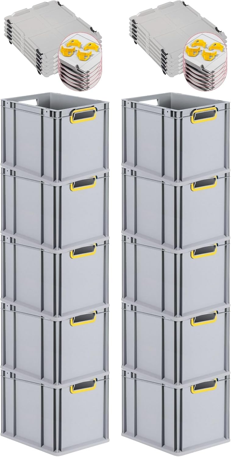 PROREGAL Economy Set of 5 Eurobox NextGen Colour with Lid and Sliding Snap Fasteners, H x W x D 22 x 30 x 40 cm, 20 L, Black, Closed Handles, Euro Container, Transport Box, Transport Container