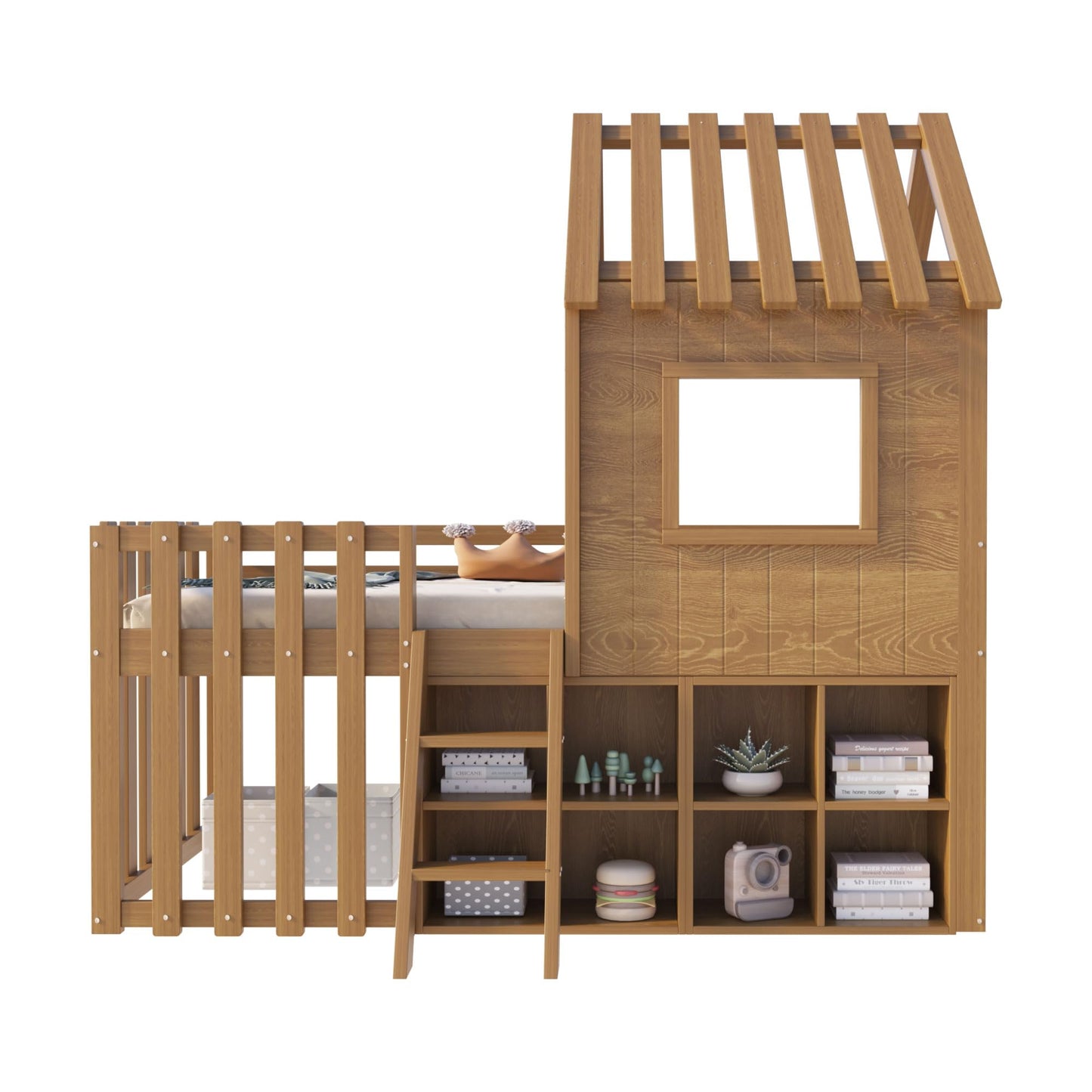 Children's Bed, House Bed 90 x 200 cm, Children's Bed Frame with Roof and Window, with Open Storage Space, with Climbing Ladder, Slatted Frame, Solid Wood Bed, Wooden Bed without Mattress (White)