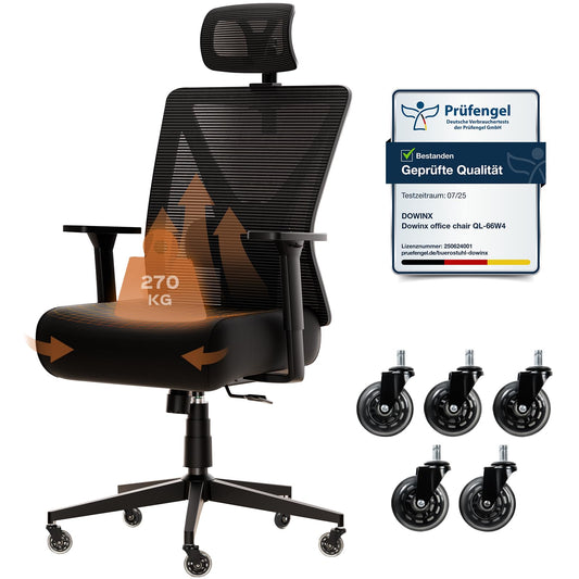 Dowinx Office Chair 270 kg, Ergonomic Desk Chair with Thick Seat Padding, Adjustable Lumbar Support, Height-Adjustable Backrest, 3D Armrests, Metal Base, Black