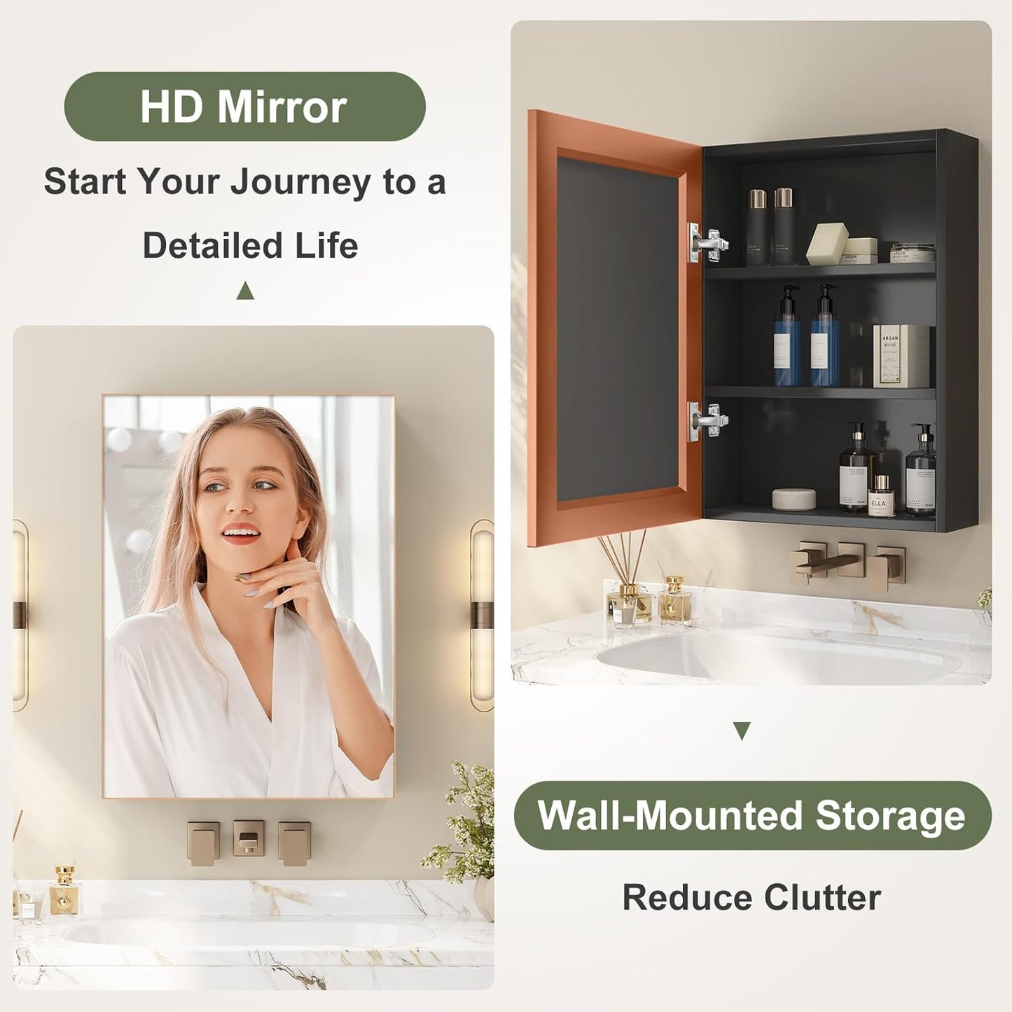 Aovquof Mirror Cabinet with Lighting - 90 x 60 cm Bathroom Mirror Cabinet with Storage Space, Bathroom Mirror Cabinet with Adjustable Dimmable LED Lights with Demist Function, Modern Cream Colour