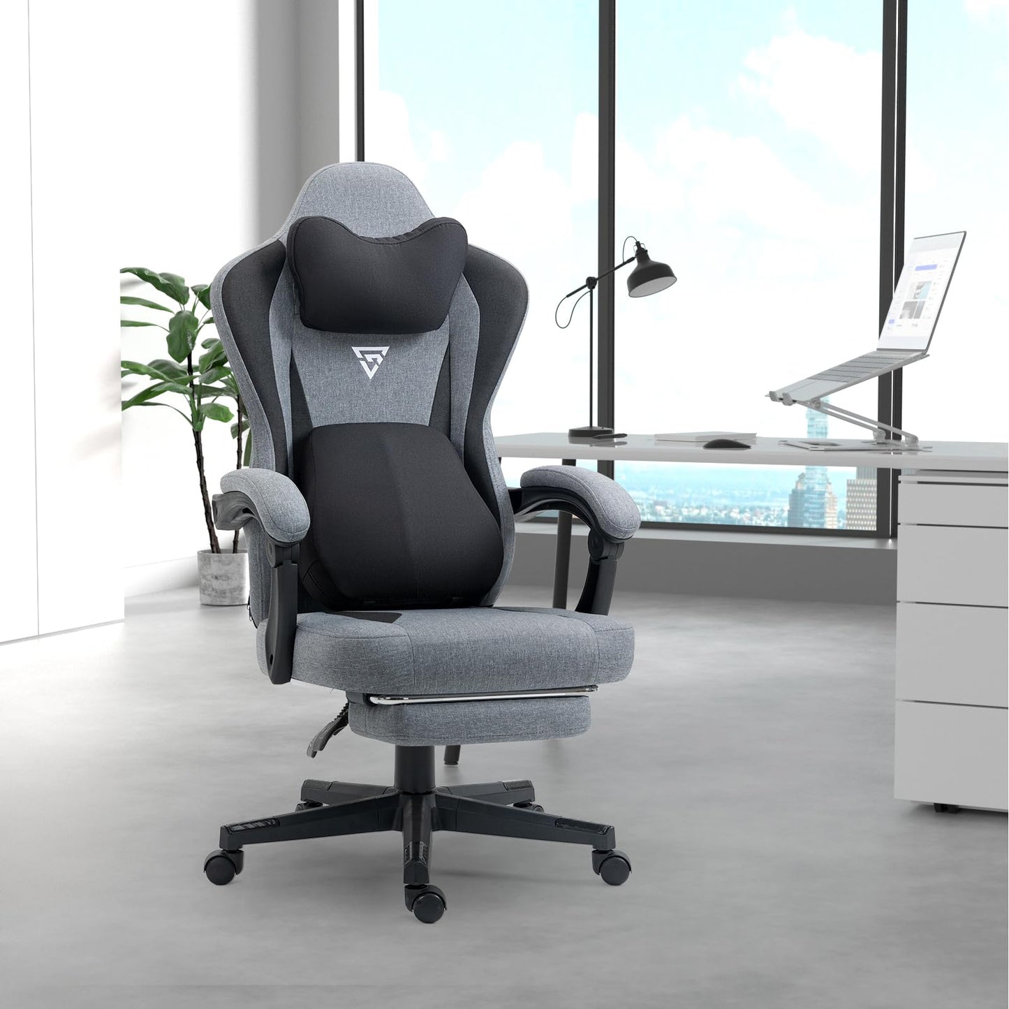 Vigosit Gaming Chair with Heated Massage Lumbar Support, Fabric Gamer Chair with Bag Spring Cushion and Footrest, Horse and High Gamer 150 kg Load Capacity (Pale Pink)