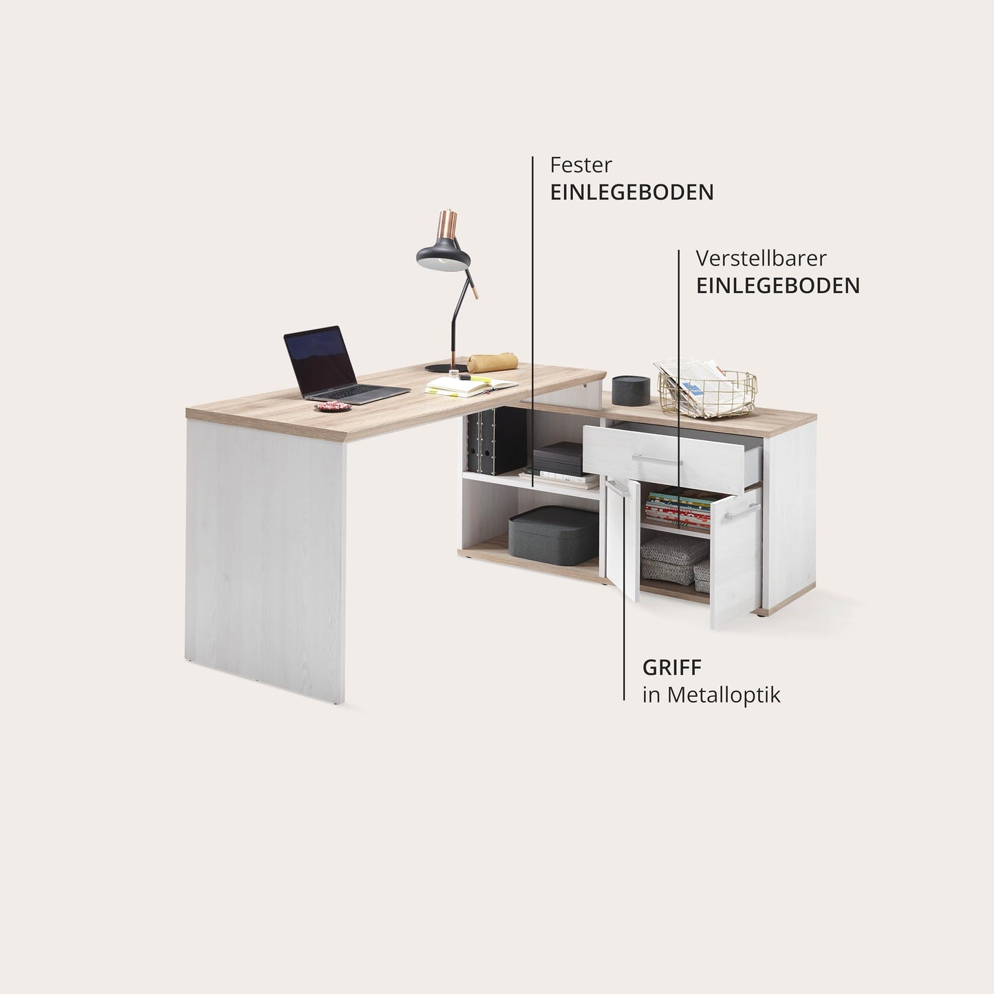DEINE TANTE EMMA 39-015-D4 Romance Sibiu Larch White / Sanremo Oak Nb. Desk Angle Work Table Office Table Approx. 177 x 76 x 130 cm