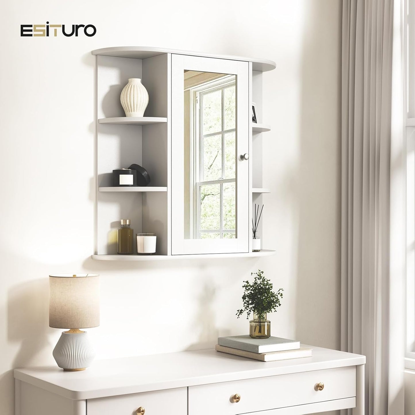 Bathroom Mirror Wall Cabinet with Doors W x H x D Approx. 60 x 58 x 16 cm White