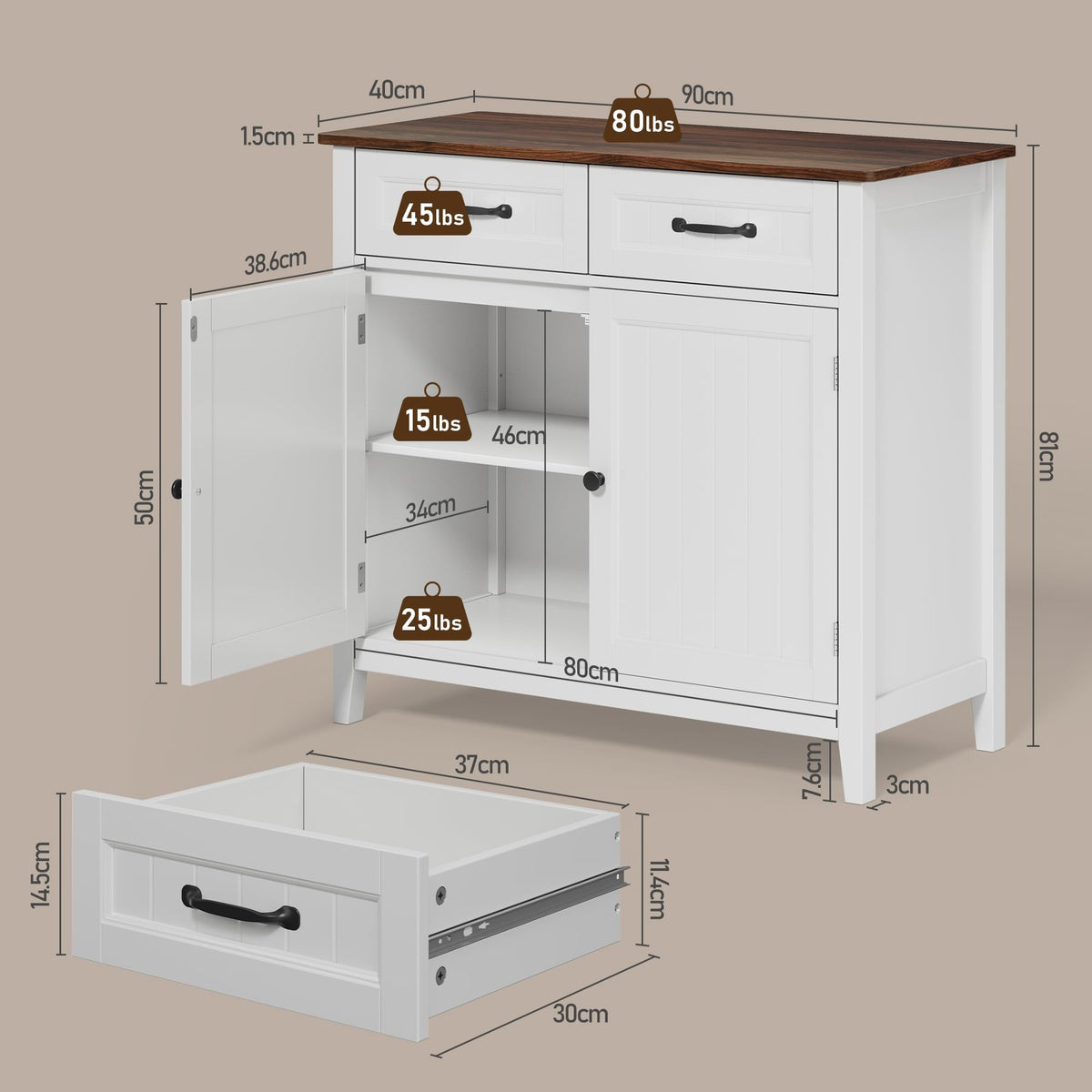 Bealife Kitchen Cabinet, Chest of Drawers with 2 Drawers and 2 Doors, Sideboard Kitchen Buffet with Worktops for Kitchen, Living Room, Hallway and Dining Room (Brown)