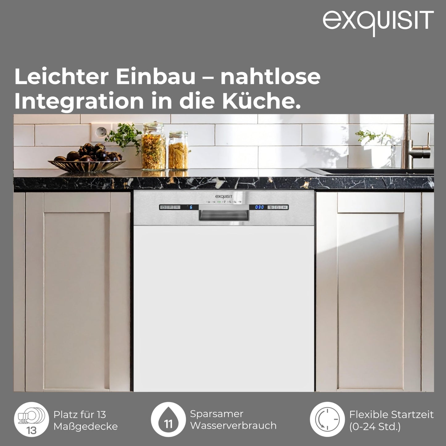 Exquisit PLUS EGSP2113-EB-030E Built-in Dishwasher, Partially Integrated, 60 cm, 13 Place Settings, Start Time Delay, LED Display, inox