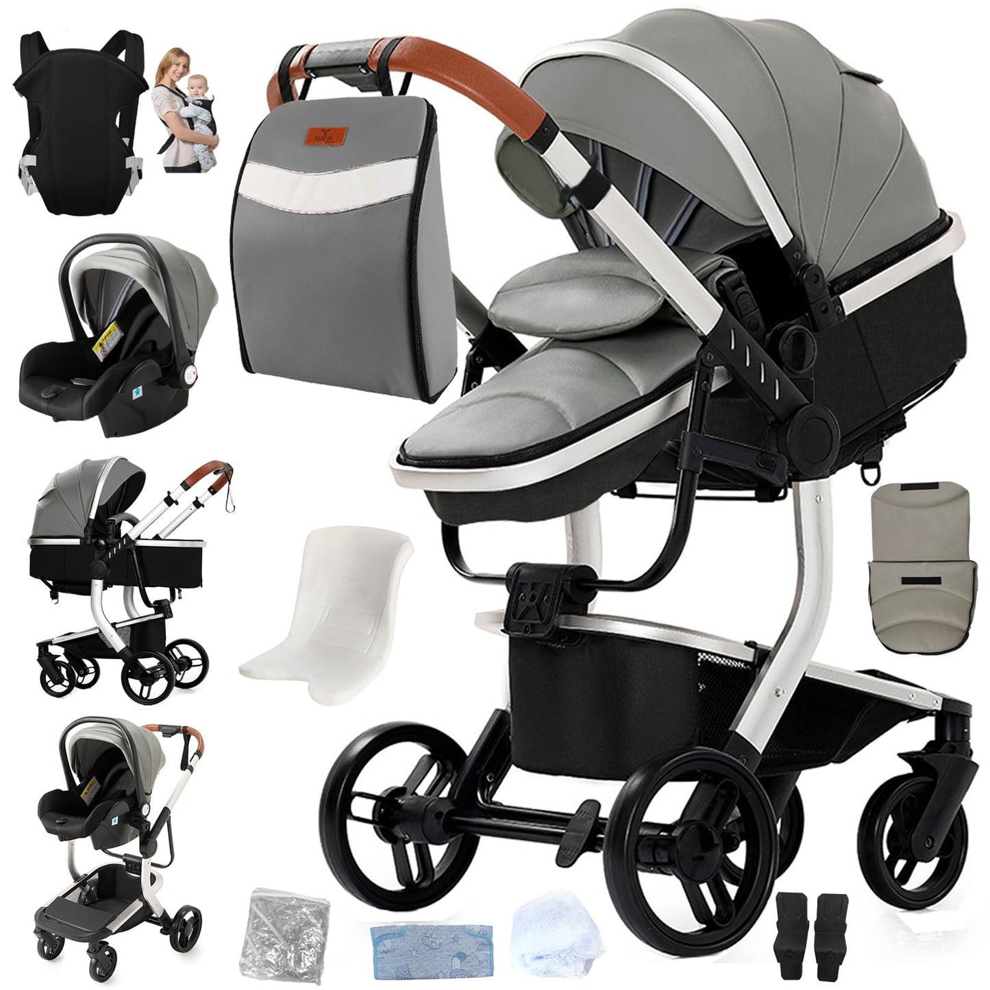 Doraystar 360° Rotation PU Leather Pushchair 3-in-1 Combination Pushchair 3-in-1 with Two Reversible Sliding Modes, Pushchair Complete Set with One-Click Folding Design, Aluminium Alloy Frame (906