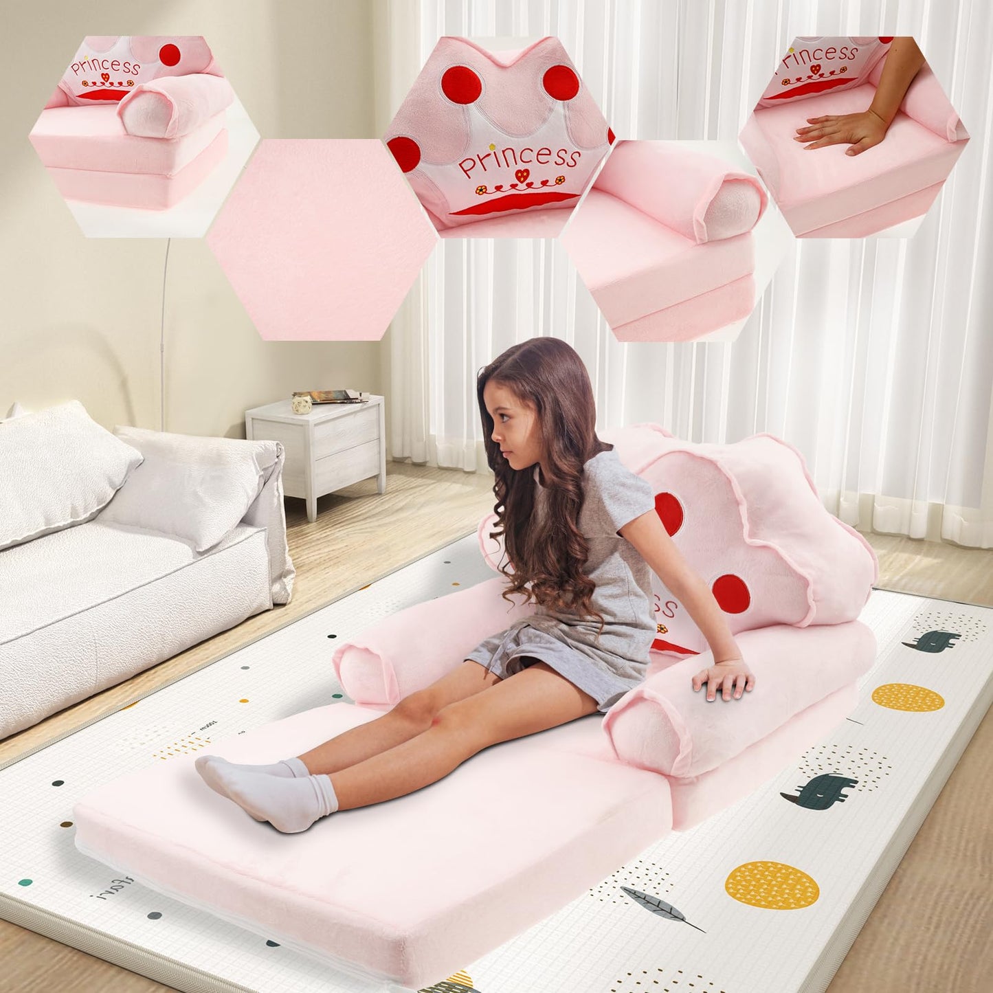 TNTGMG Children's Sofa, 2-in-1 Soft Toddler Chairs with Handle, 80 x 50 cm, Foldable Baby Lounge Chair, Convertible Play Sofa to Deck Chair for 1 to 4 Years Old Girls and Boys Playroom (Pink Crown)