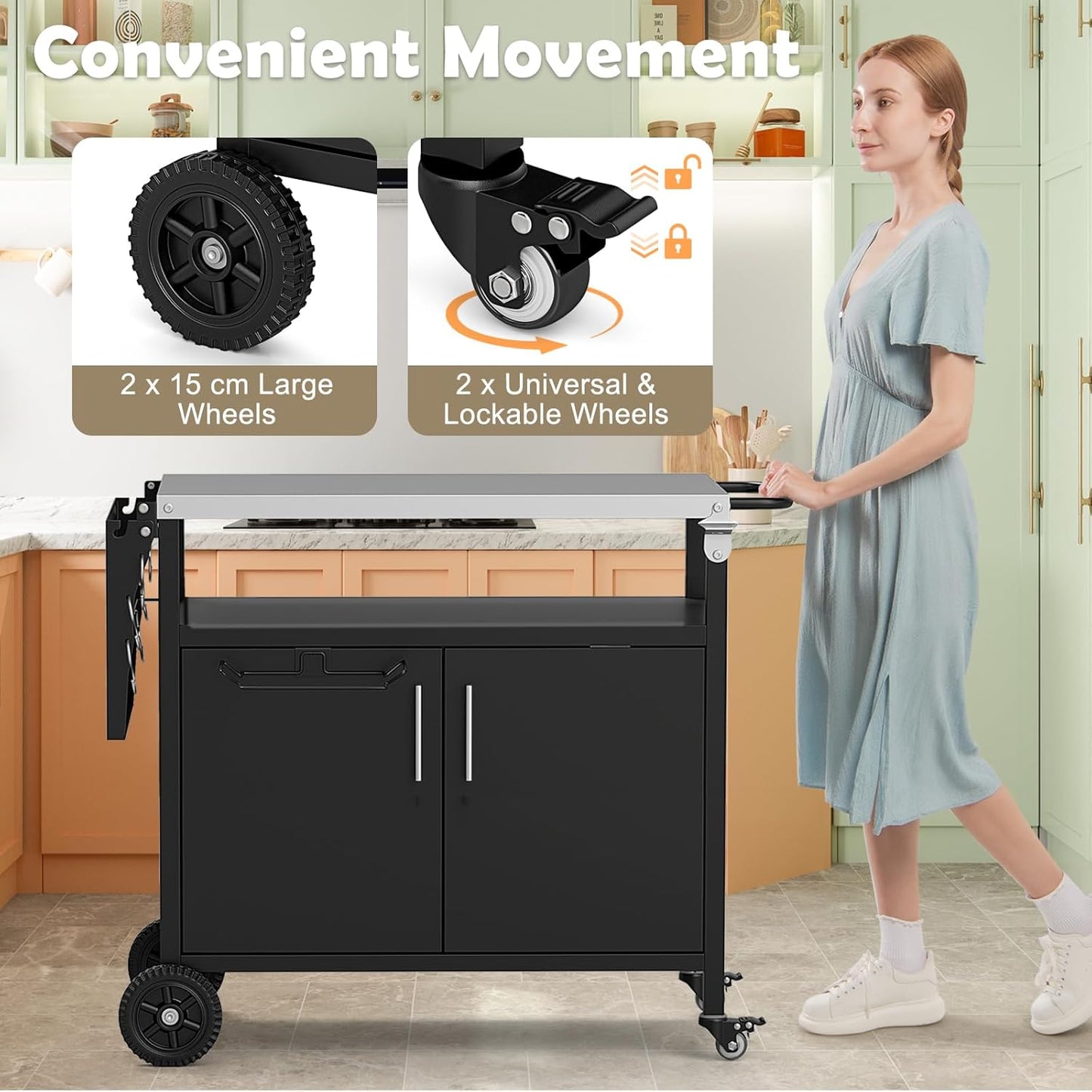 KOMFOTTEU BBQ Trolley with Stainless Steel Worktop, Serving Trolley with Folding Tabletop, Grill Table with Cabinet, 6 Hooks, Garbage Bag Holder & Handle, for Picnic, Party, 127 x 50 x 84 cm